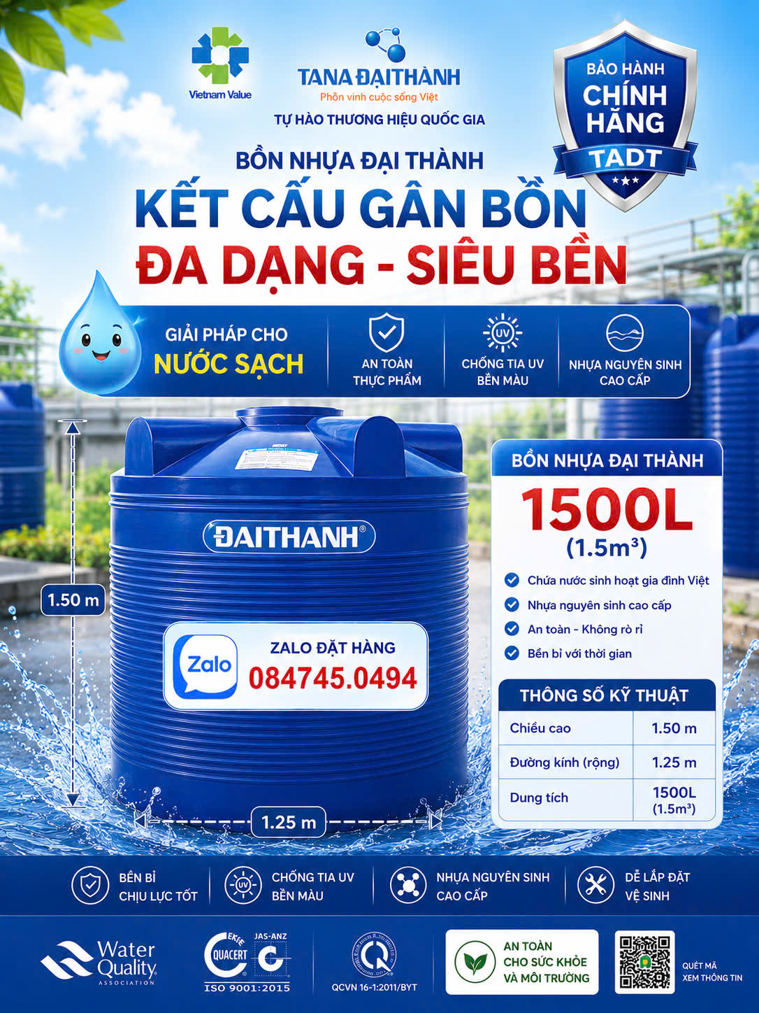 Bồn nhựa Đại Thành 1500L, bồn nước Đại Thành 1500L, bồn nước nhựa 1500 lít, bồn chứa nước 1500L giao miễn phí toàn quốc