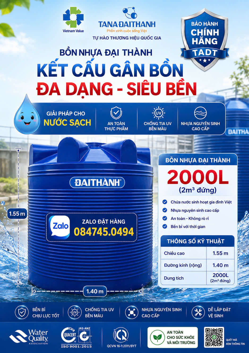 Bồn nhựa Đại Thành 2000L, bồn nước Đại Thành 2000L, bồn nước nhựa 2000 lít, bồn chứa nước 2000L, bồn nước đứng Đại Thành giao miễn phí