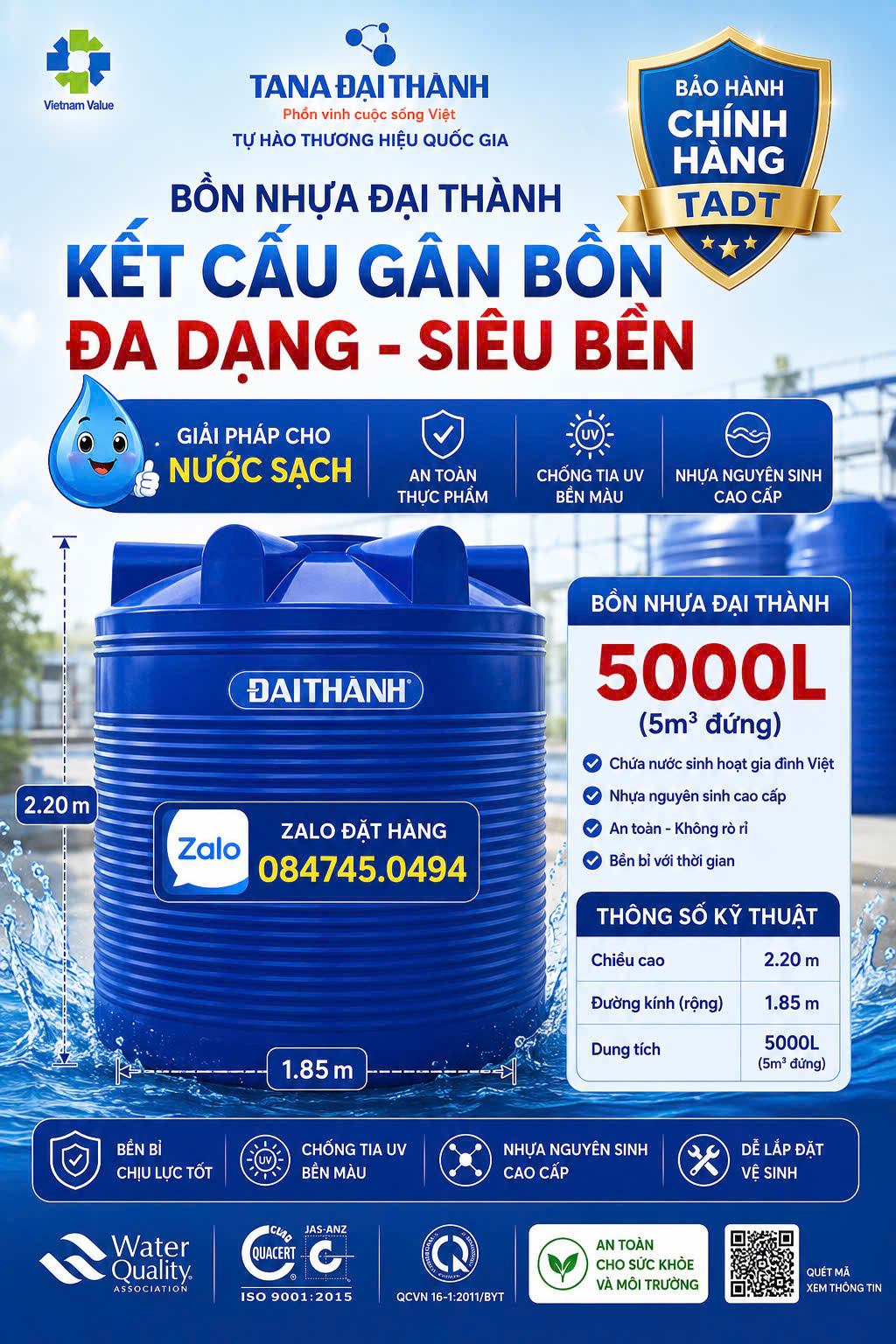 Bồn nhựa Đại Thành 5000L, bồn nước Đại Thành 5000L, bồn nước nhựa 5000 lít, bồn chứa nước 5000L, bồn nước 5 khối, bồn nước đứng Đại Thành giao miễn phí toàn quốc