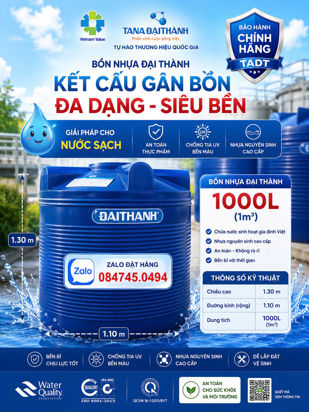 BỒN NHỰA ĐẠI THÀNH 1000L Téc nhựa 1000 lít đại thành Bình nhựa 1 khối đại thành Thùng nhựa 1m3 đại thành cao cấp chính hãng giao miễn phí Toàn Quốc