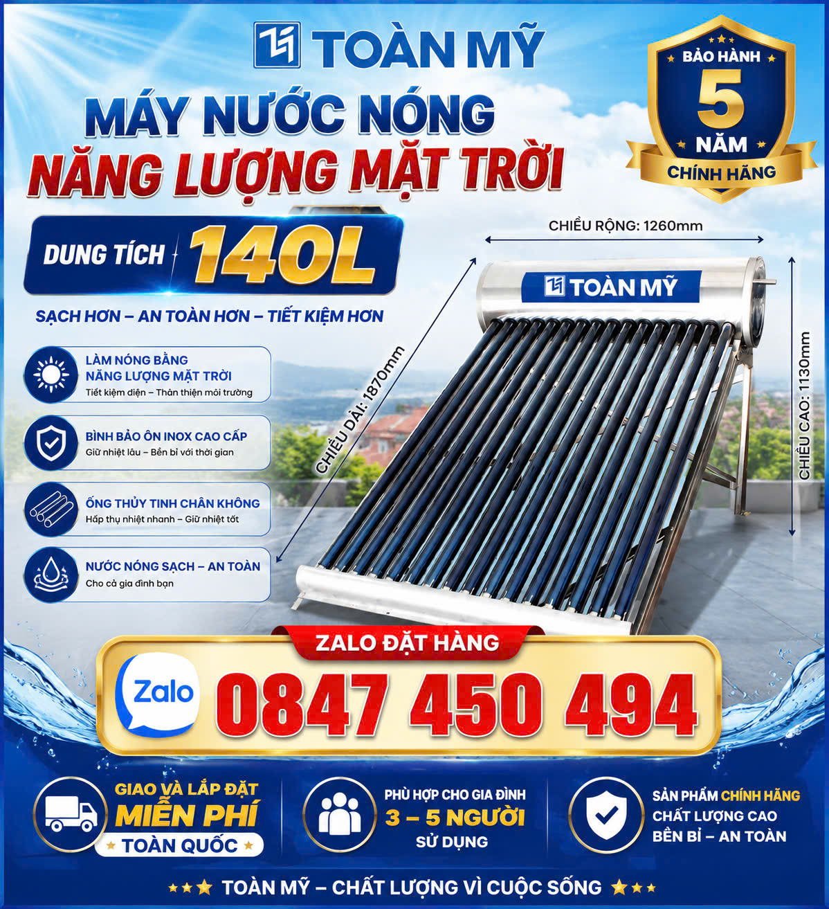 Máy nước nóng mặt trời 140L Toàn Mỹ cao cấp - Bình nước nóng Toàn Mỹ solar 140 lít sử dụng 2-5 người bảo hành 5 năm giao và lắp miễn phí Toàn Quốc
