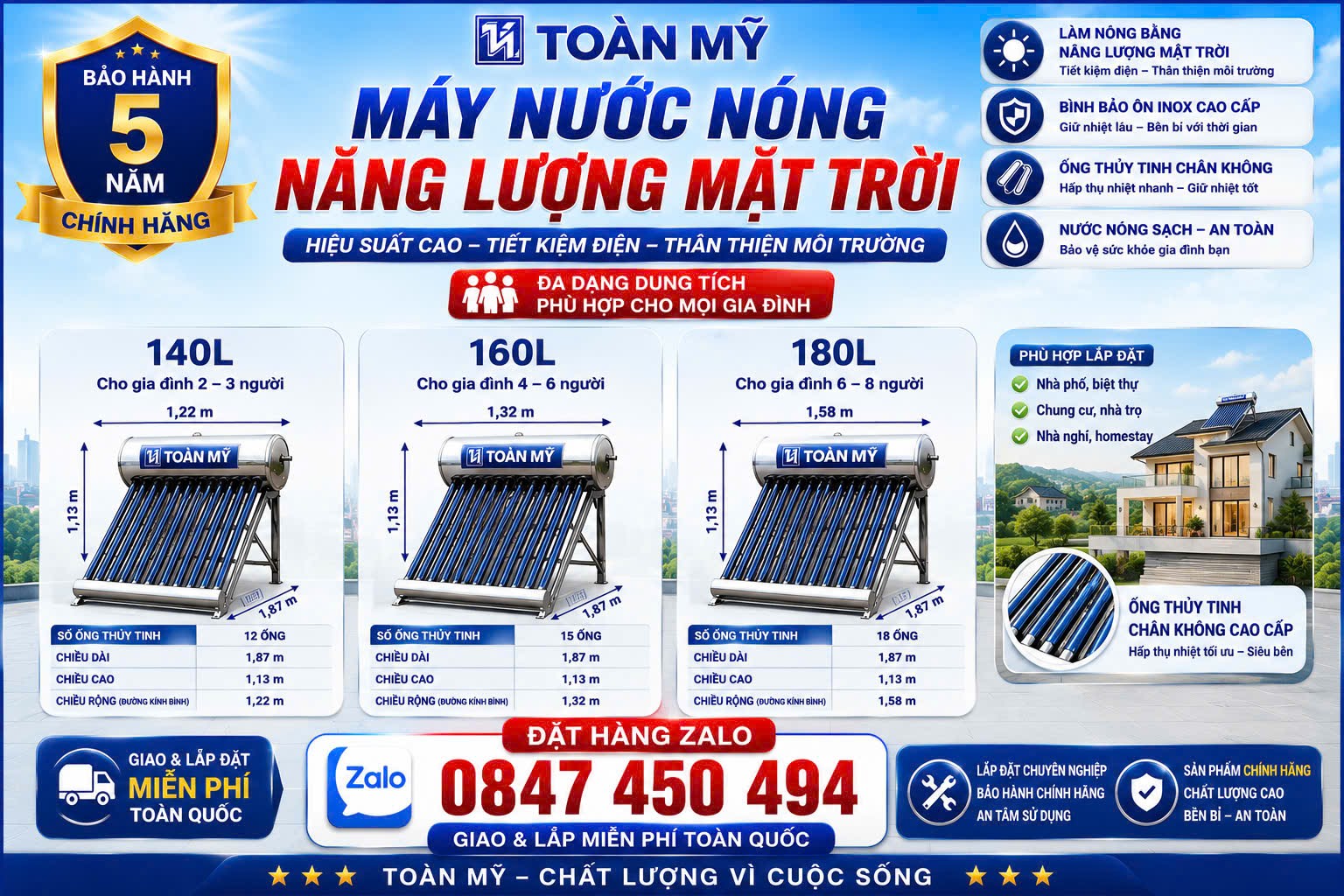 Bình nước nóng Toàn Mỹ 140 lít 160l 180l  sử dụng 2-5 người bảo hành 5 năm giao và lắp miễn phí Toàn Quốc