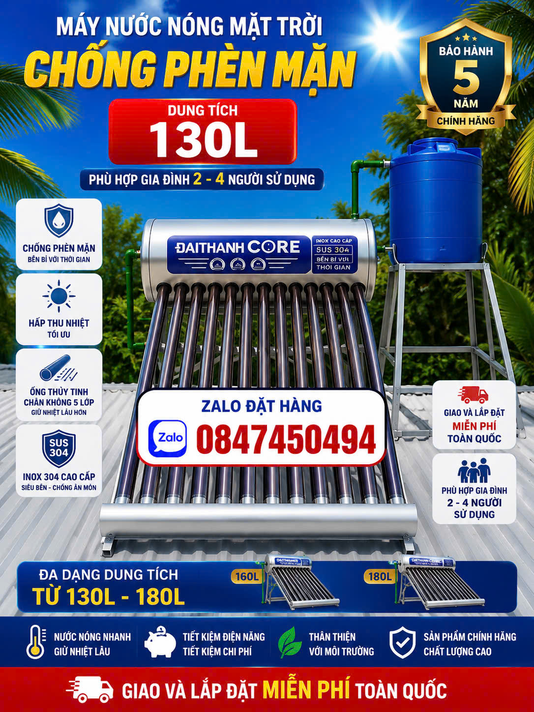 MÁY NƯỚC NÓNG NĂNG LƯỢNG MẶT TRỜI Chịu phèn chịu mặn ĐẠI THÀNH CORE 130L 160L 180L ruột nhựa chống nước phèn mặn an toàn không ghỉ sắt giao và lắp miễn phí Toàn Quốc
