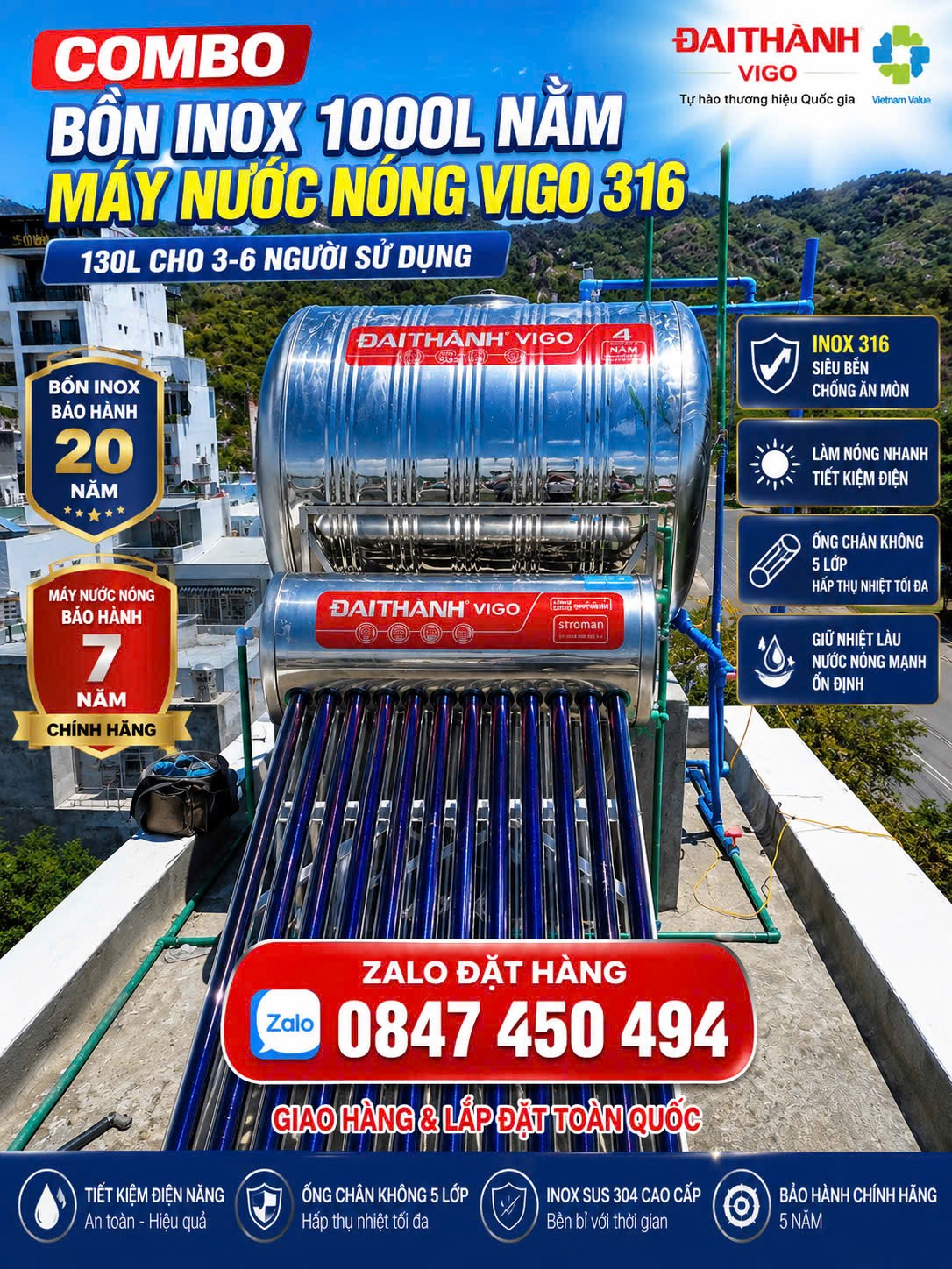 COMBO Siêu cao cấp cho đại gia BỒN INOX 1000L NẰM + MÁY NƯỚC NÓNG NĂNG LƯỢNG MẶT TRỜI ĐẠI THÀNH VIGO 316 130L cho gia đình 3-6 người Sài giao và lắp toàn quốc