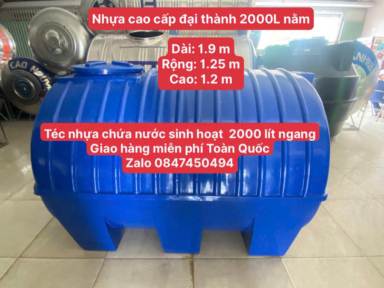 bồn nước 2 khối ngang, bồn chứa nước 2m3 nằm ngang Téc nước 2.000L nằm ngang Bình nhựa 2 khối ngang cao cấp giao miễn phí Toàn Quốc
