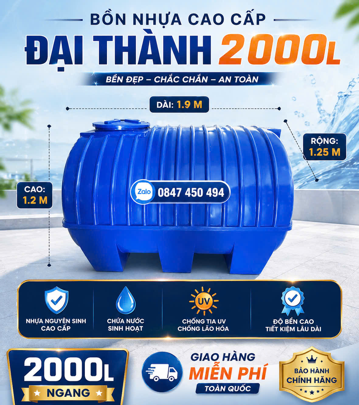 Bồn nhựa 2000L nằm, bồn nước 2000 lít, bồn nước 2 khối ngang, bồn chứa nước 2m3 nằm ngang Téc nước 2.000L nằm ngang Bình nhựa 2 khối ngang cao cấp giao miễn phí Toàn Quốc
