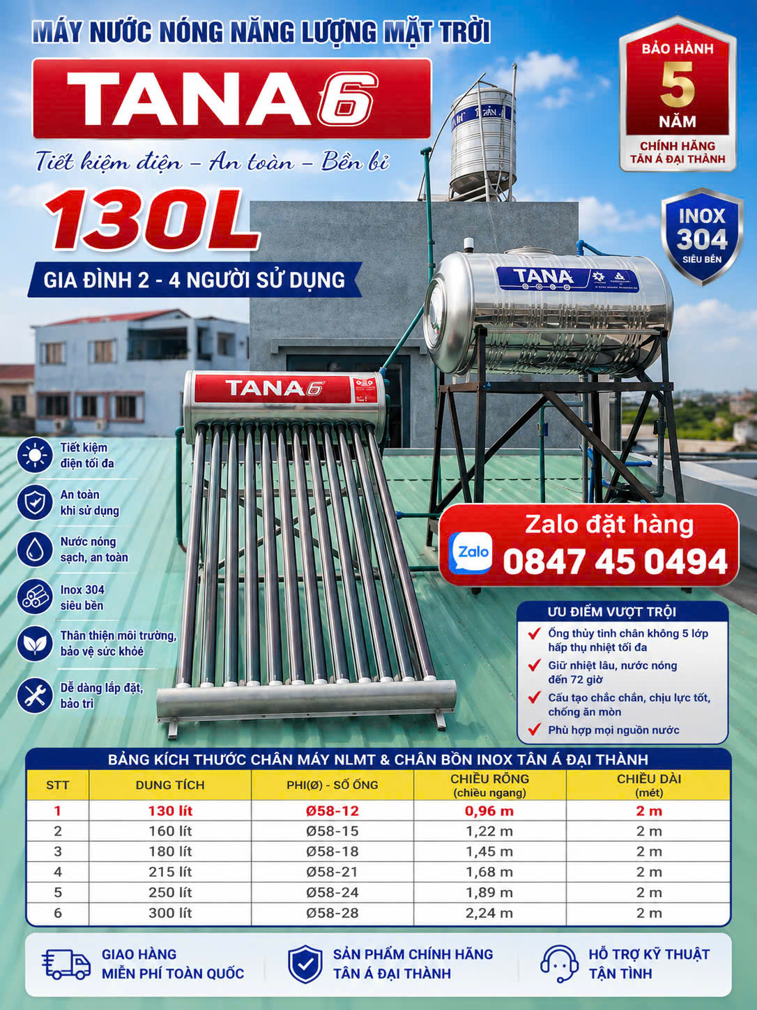 Bình nước nóng mặt trời Tân Á 130L Máy nước nóng Tân Á 130 lít cao cấp Năng lượng mặt trời solar 130L Tân á đại thành Giao và lắp miễn phí Toàn Quốc