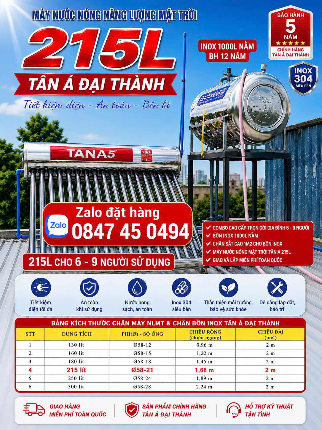 MÁY NƯỚC NÓNG NĂNG LƯỢNG MẶT TRỜI Tân Á gold 215L TANA 6 GOLD 215L Máy nlmt Tân Á 215 lít – GIẢI PHÁP NƯỚC NÓNG CHO GIA ĐÌNH ĐÔNG NGƯỜI giao và lắp miễn phí Toàn Quốc