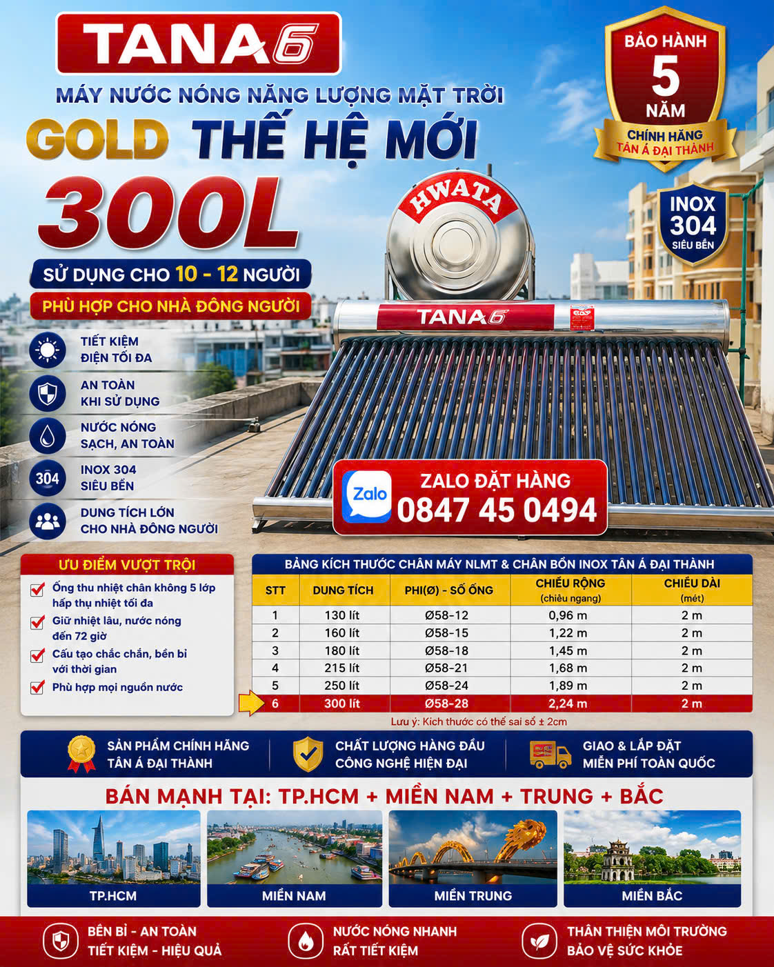 MÁY NƯỚC NÓNG NĂNG LƯỢNG MẶT TRỜI Tân Á gold 300L TANA 6 GOLD 300L Máy nlmt Tân Á 300 lít – GIẢI PHÁP NƯỚC NÓNG CHO GIA ĐÌNH ĐÔNG NGƯỜI giao và lắp miễn phí Toàn Quốc