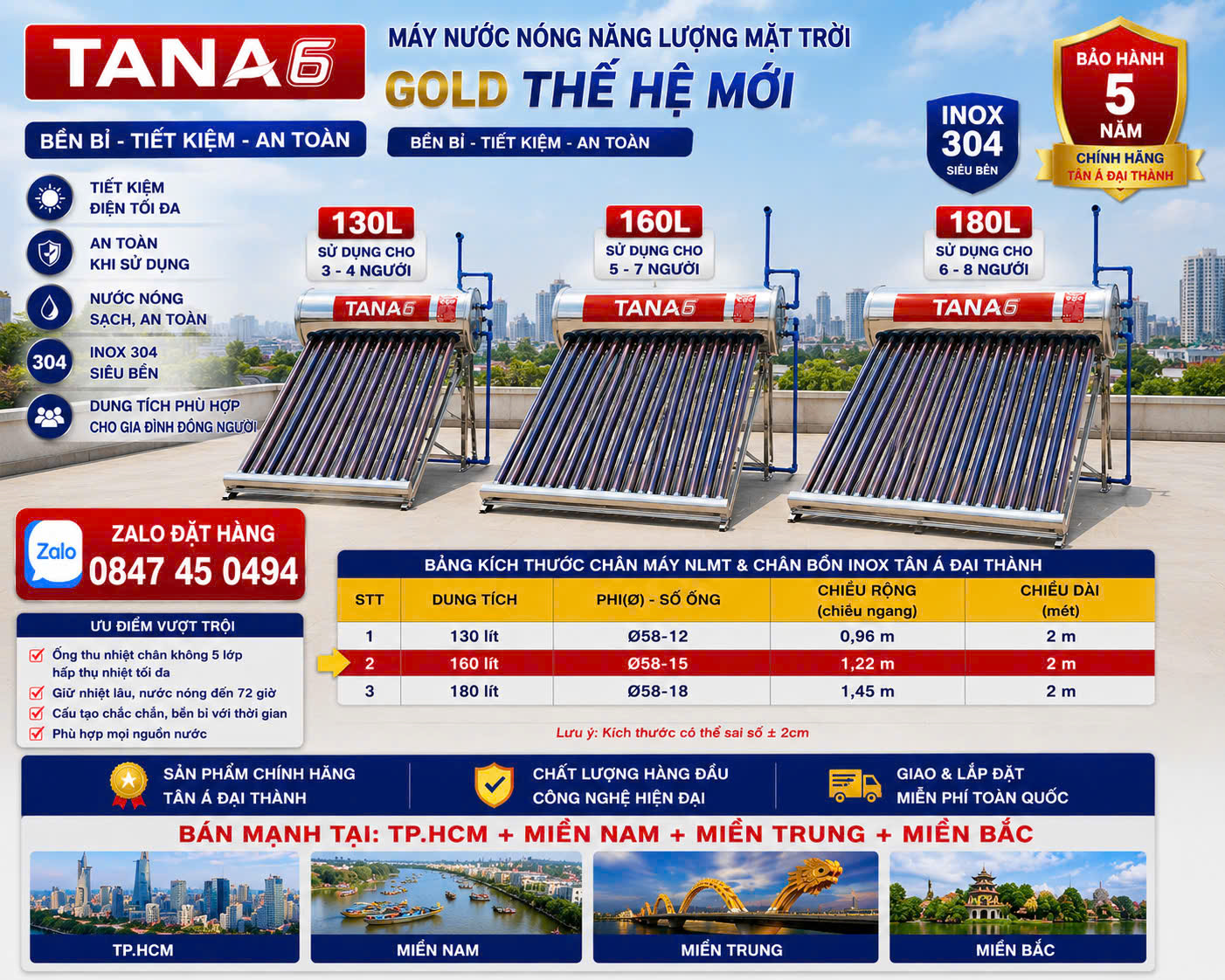 Máy nước nóng Tân Á 130 lít cao cấp Năng lượng mặt trời solar 130L Tân á đại thành Giao và lắp miễn phí Toàn Quốc