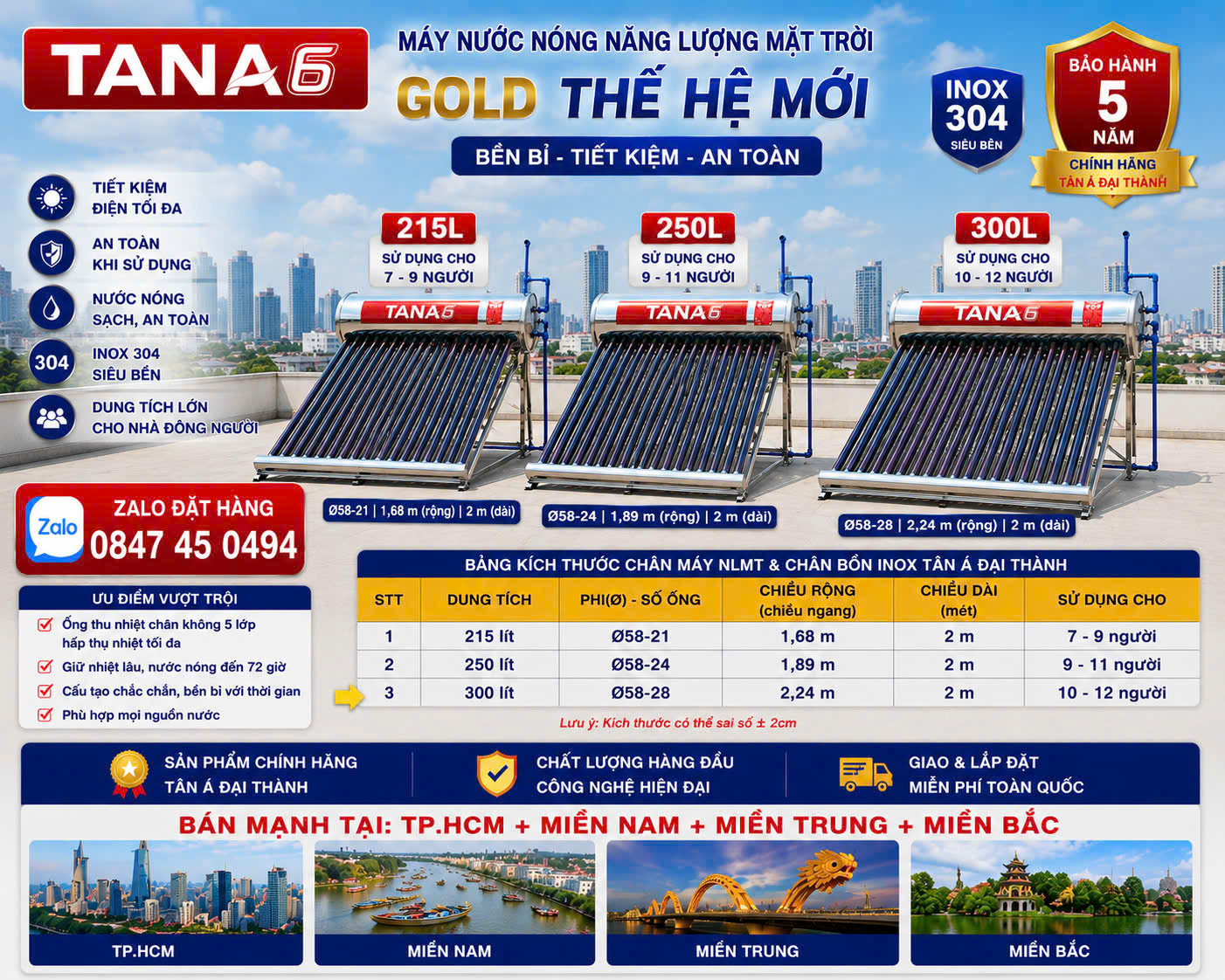 Bình nước nóng măt trời Tân Á 300 lít -Máy năng lượng mặt trời 300L tân á đại thành giao và lắp miễn phí Toàn Quốc