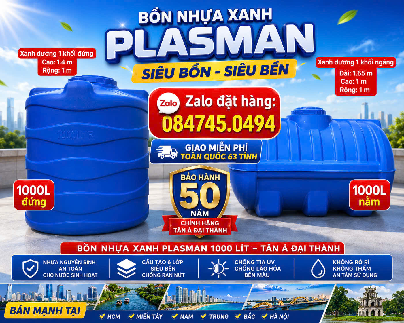 Bồn nhựa 1000 lít 1m3 xanh dương xanh lá siêu bền 6 lớp cao cấp plasman (1m3 ngang) 1000L nằm siêu dẻo dai bảo hành 50 năm giao miễn phí Toàn Quốc