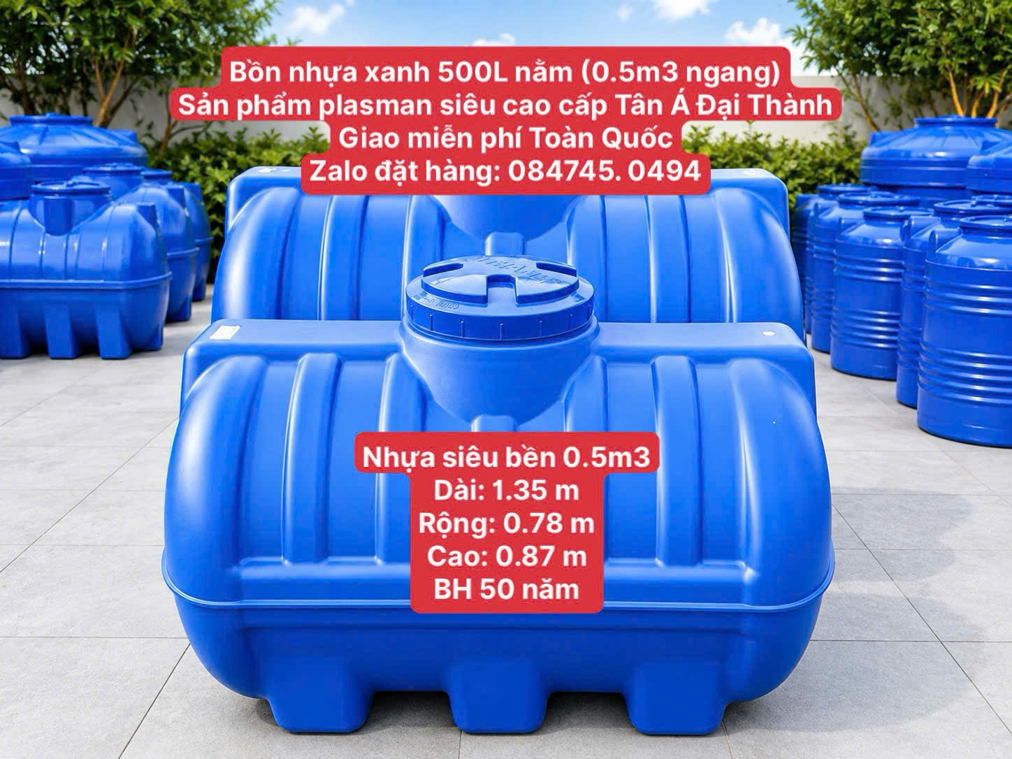 Téc nước 500 lít xanh dương xanh lá siêu bền 6 lớp cao cấp plasman (0.5m3 ngang) 500L nằm siêu dẻo dai bảo hành 50 năm giao miễn phí Toàn Quốc
