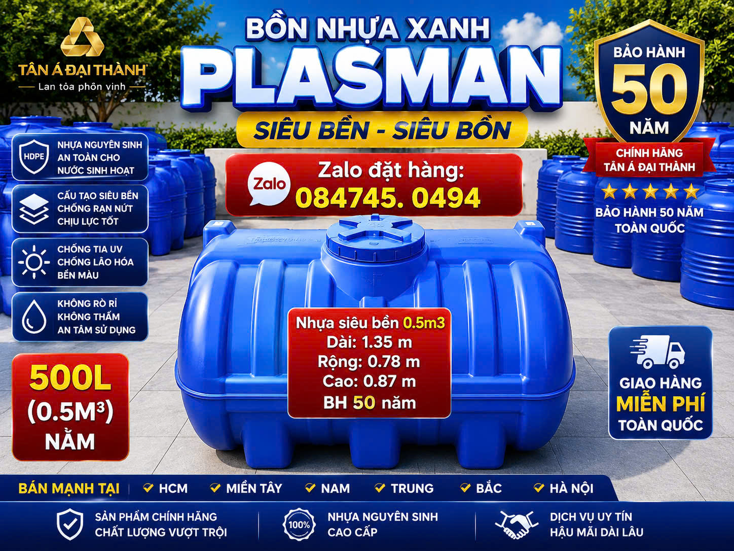 Bồn nhựa 500 lít xanh dương xanh lá siêu bền 6 lớp cao cấp plasman (0.5m3 ngang) 500L nằm siêu dẻo dai bảo hành 50 năm giao miễn phí Toàn Quốc