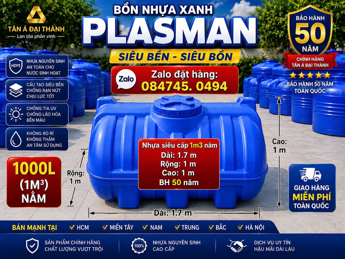 Téc nhựa 1000 lít 1m3 xanh dương xanh lá siêu bền 6 lớp cao cấp plasman (1m3 ngang) 1000L nằm siêu dẻo dai bảo hành 50 năm giao miễn phí Toàn Quốc
