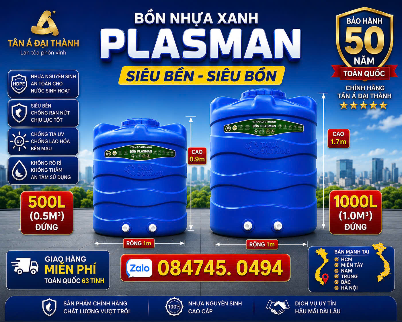 BỒN NHỰA XANH PLASMAN TÂN Á ĐẠI THÀNH 500L – 2000L ĐỨNG siêu bền siêu dẻo chịu nắng mưa cực kỳ tốt không phai màu chống tia uv không hôi nhựa Bh 50 năm giao miễn phí Toàn Quốc