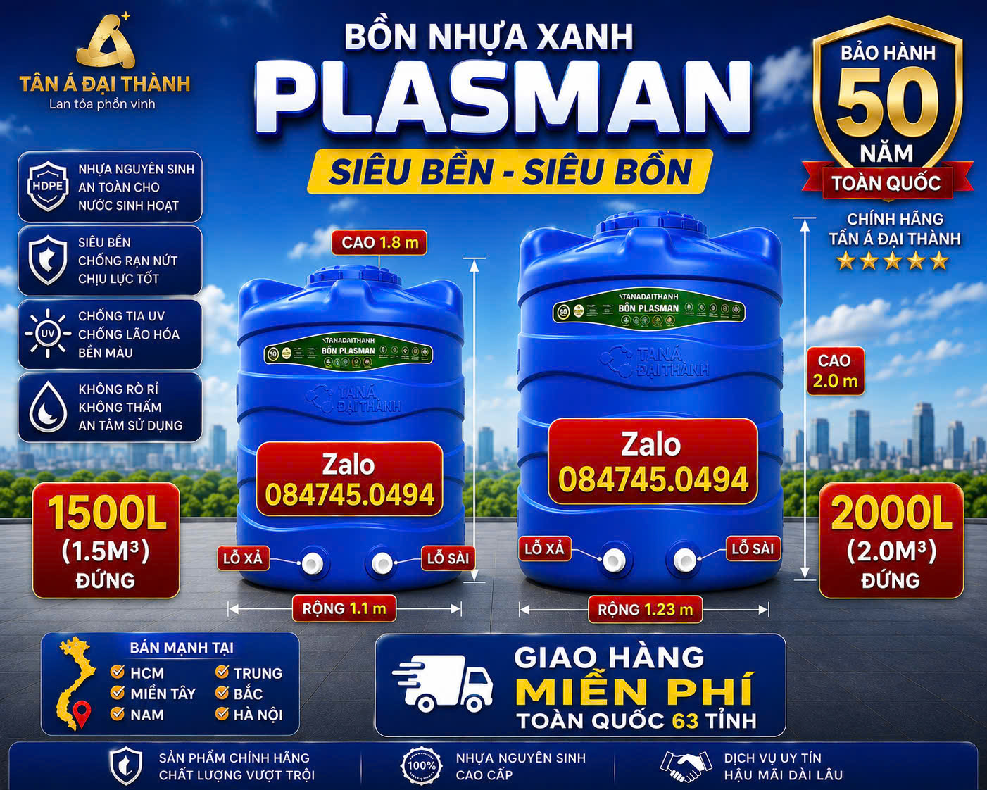 Téc nước nhưa 1500L-2000L XANH PLASMAN TÂN Á ĐẠI THÀNH 500L – 2000L ĐỨNG siêu bền siêu dẻo chịu nắng mưa cực kỳ tốt không phai màu chống tia uv không hôi nhựa Bh 50 năm giao miễn phí Toàn Quốc