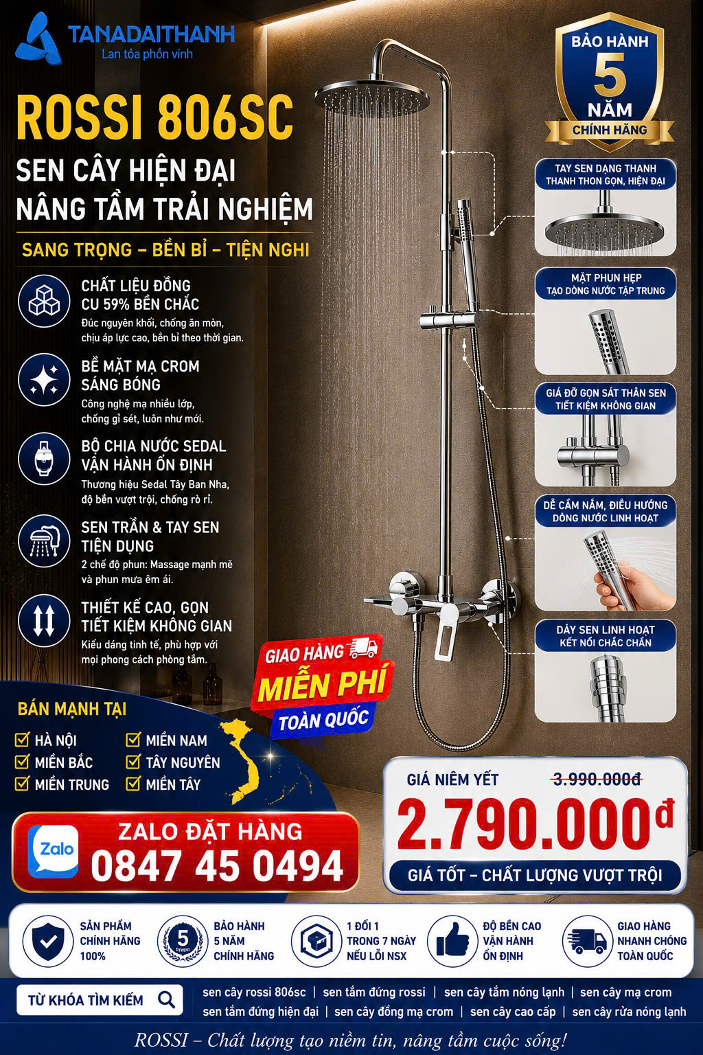 Cây sen tắm nóng lạnh Rossi 806SC nóng lạnh Sen tắm nóng lạnh Tân Á Đại Thành Rossi 806SC cao cấp giao miễn phí Toàn Quốc