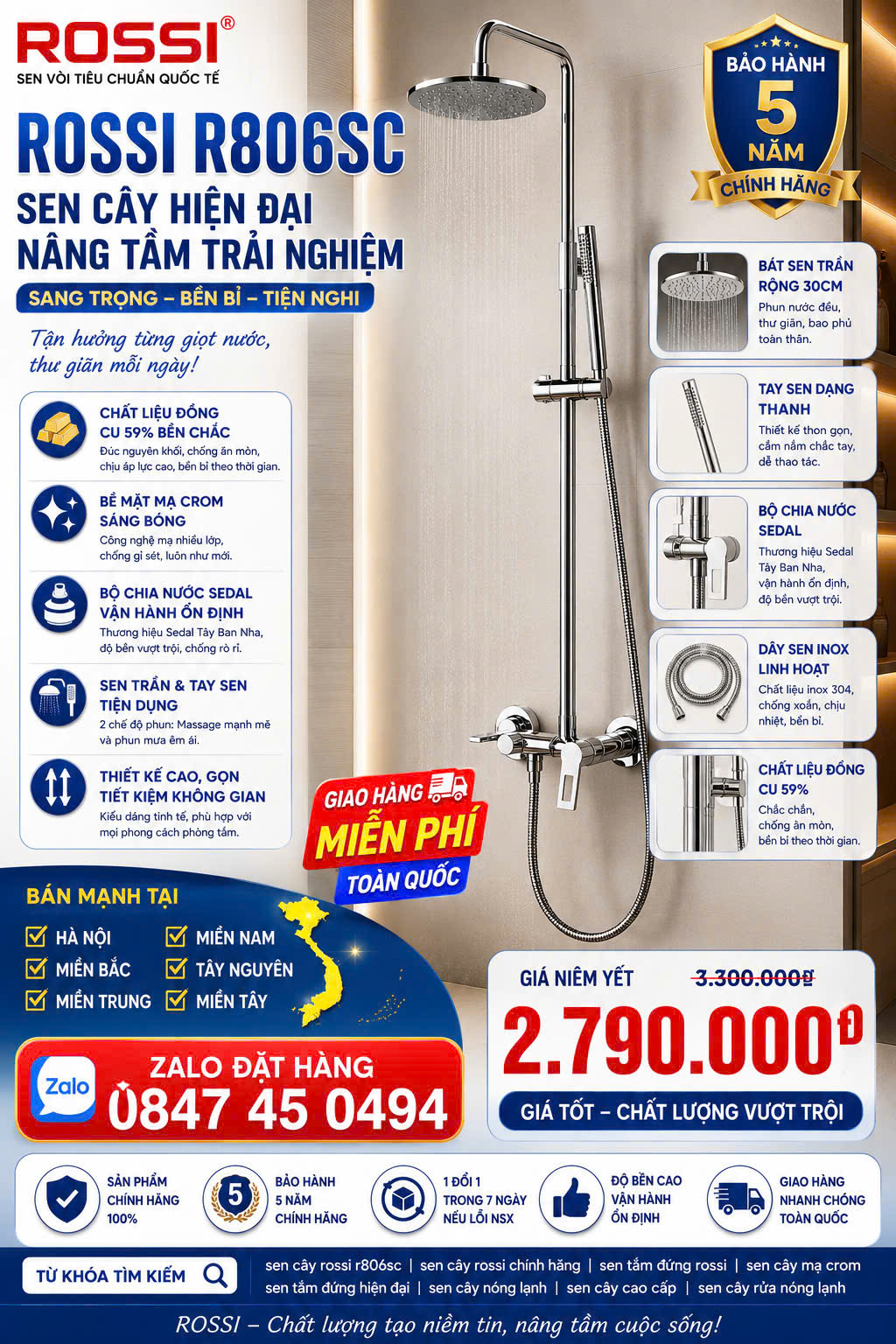 Sen cây hiện đại Rossi 806SC với thiết kế sang trọng và tiện nghi, phù hợp cho không gian tắm hiện đại Cây sen tắm nóng lạnh Rossi 806SC nóng lạnh Tân Á Đại Thành cao cấp giao miễn phí Toàn Quốc