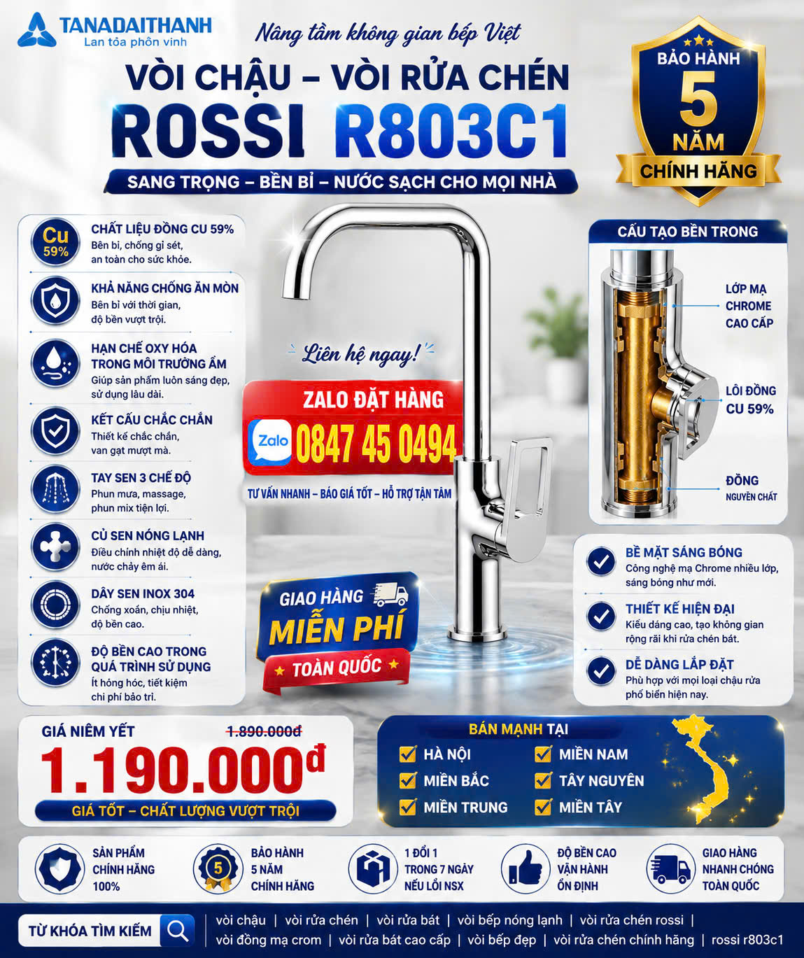 Vòi chậu chén nóng lạnh R803C1 Rossi Tân Á Đại Thành Vòi rửa bát nóng lạnh Tân á đại thành giao và lắp miễn phí Toàn Quốc
