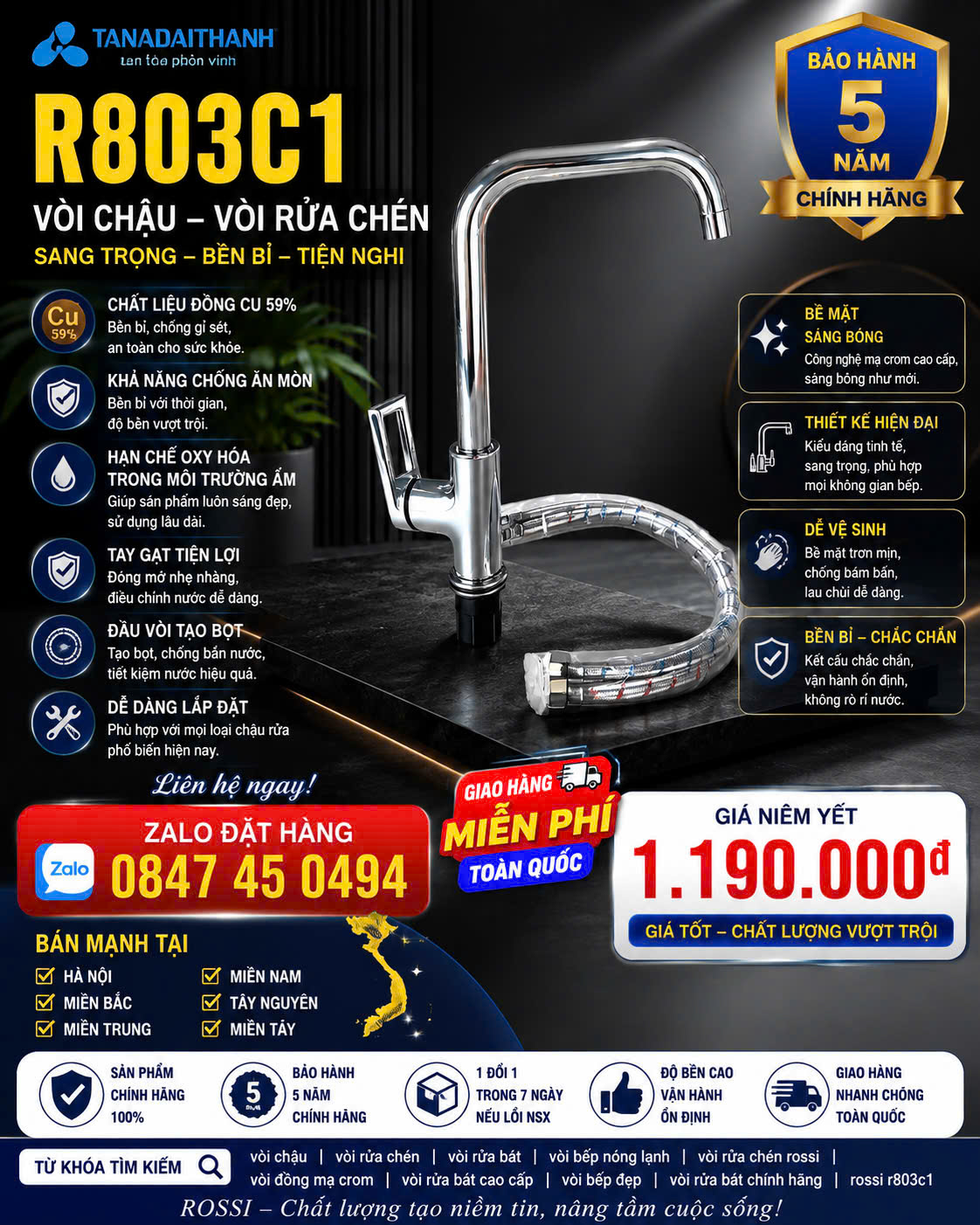 Vòi chén bát nóng lạnh R803C1 Rossi Tân Á Đại Thành Vòi rửa bát nóng lạnh Tân á đại thành giao và lắp miễn phí Toàn Quốc