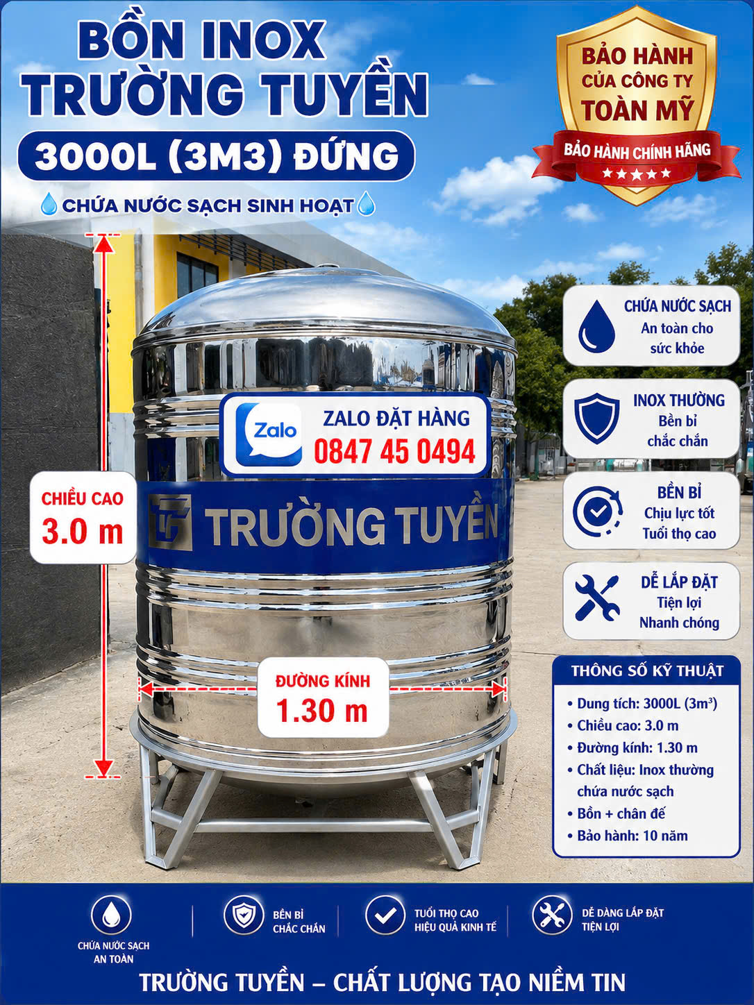 Bồn inox giá rẻ 3000L đứng 3 khối đứng 3m3 đứng trường tuyền chứa nước sạch có thể làm phòng cháy chữa cháy pccc lỗ sài 60 hoặc 90 giao miễn phí Toàn Quốc
