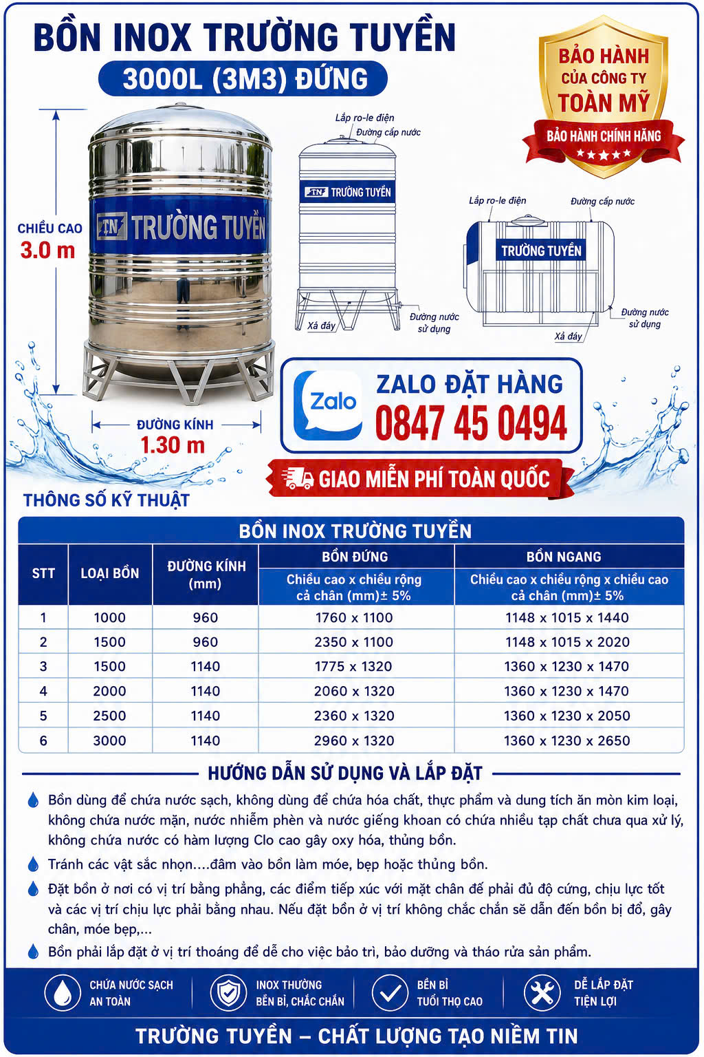 Binh giá rẻ 3 khối đứng 3m3 đứng trường tuyền chứa nước sạch có thể làm phòng cháy chữa cháy pccc lỗ sài 60 hoặc 90 giao miễn phí Toàn Quốc
