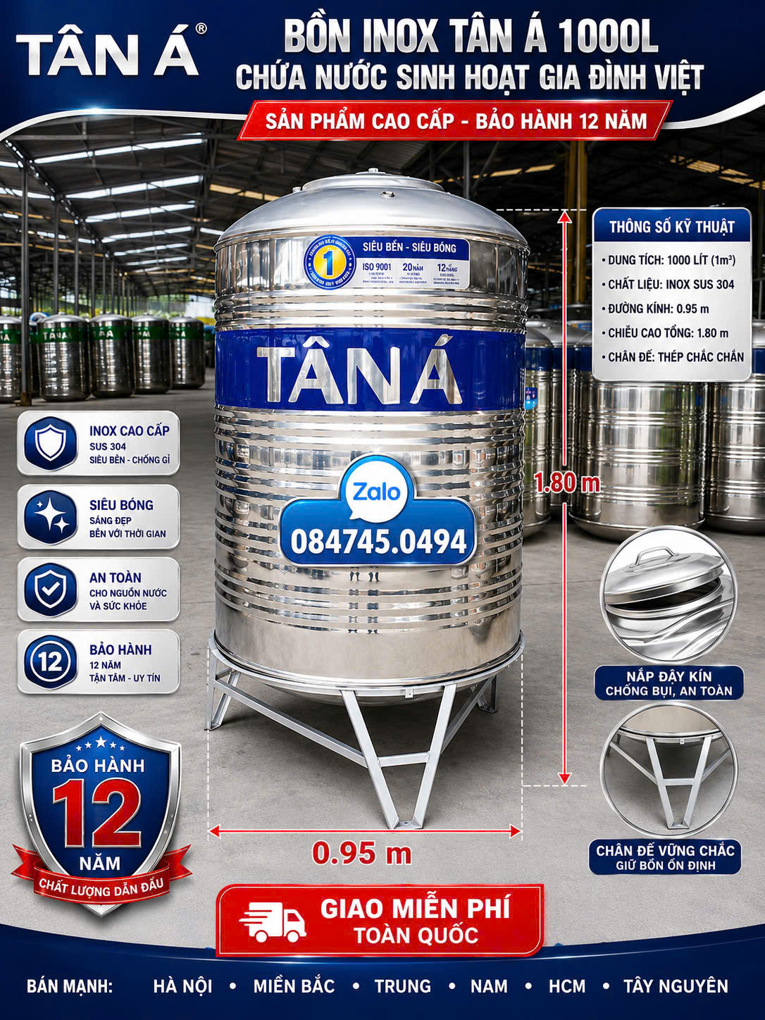 Bồn inox Tân Á 1000 lít đứng – tét inox 304 1000L đứng Tân Á Đại Thành chính hãng – Bảo hành 12 năm