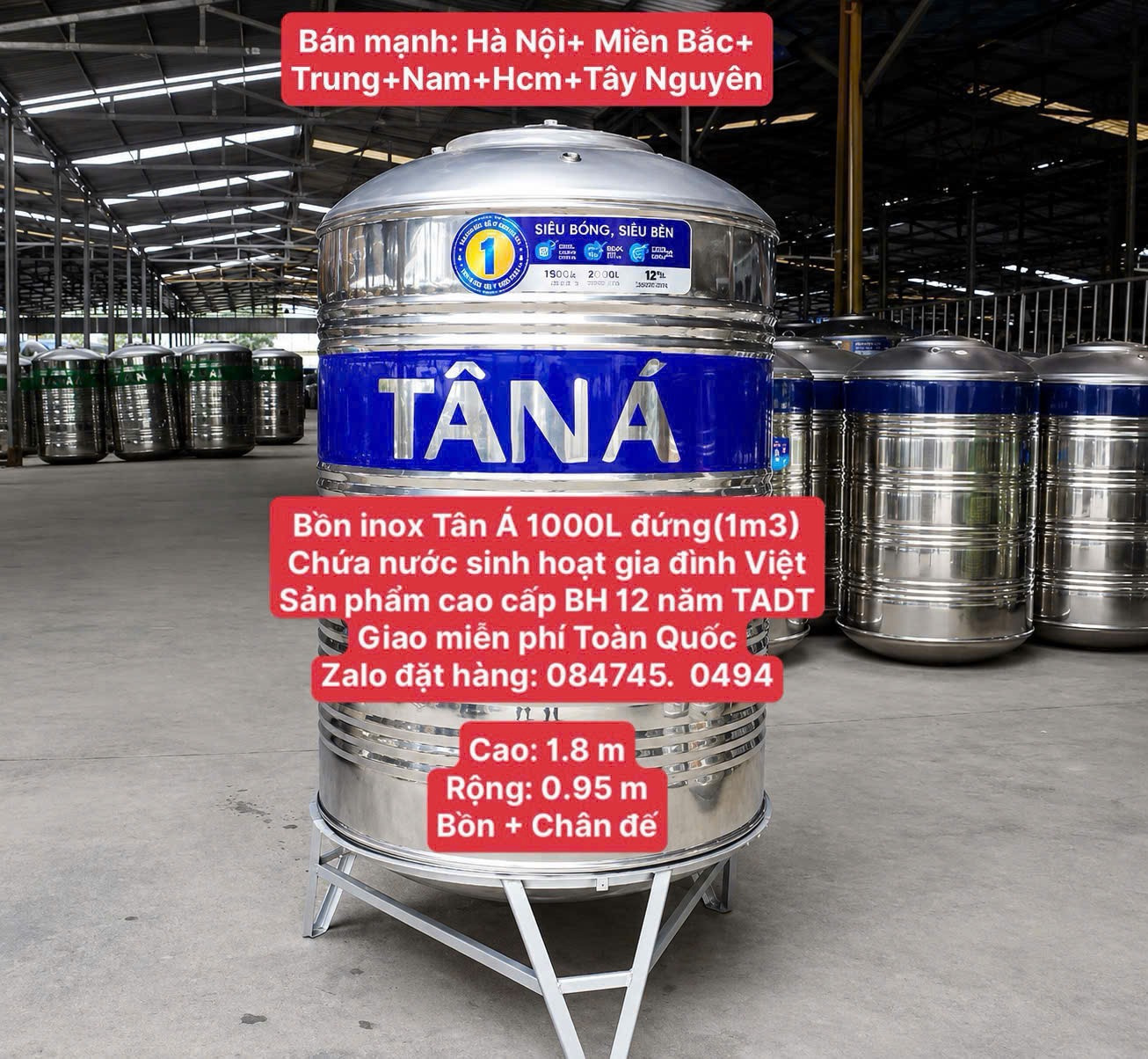Téc inox Tân Á 1000 lít đứng – Bồn inox 304 1000L đứng Tân Á Đại Thành chính hãng – Bảo hành 12 năm