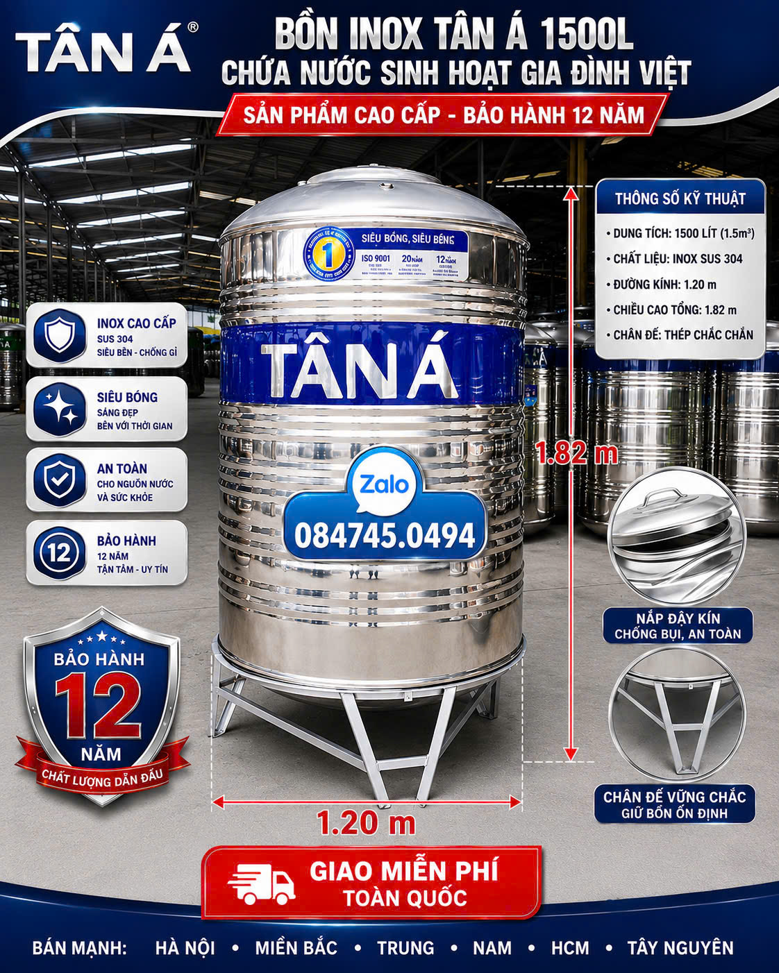 Bình inox Tân Á 1500 lít đứng – Bồn inox 304 1500L đứng Tân Á Đại Thành chính hãng – Bảo hành 12 năm.