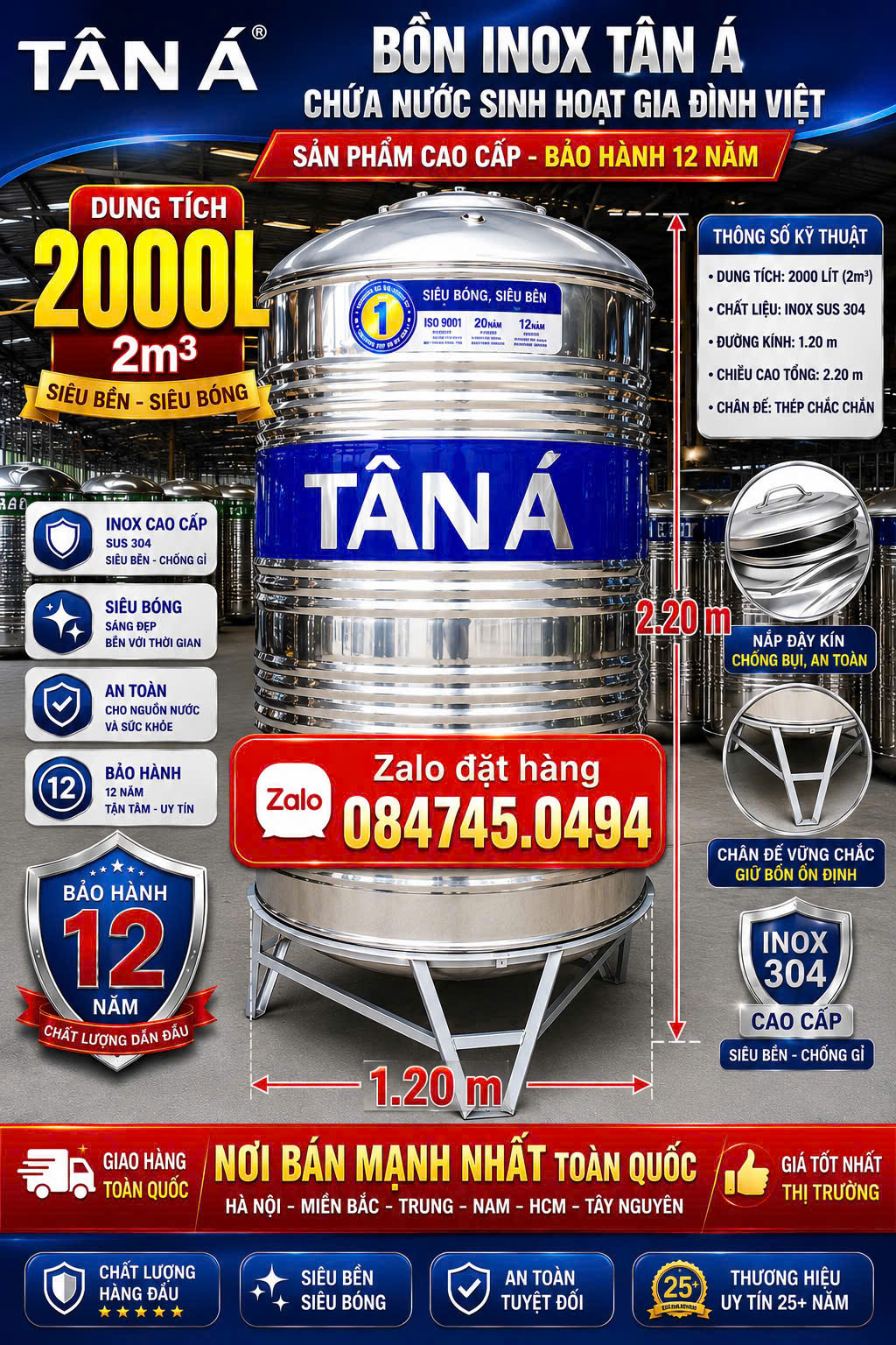 Téc inox Tân Á 2000 lít đứng – Bồn inox 304 2000L đứng Tân Á Đại Thành chính hãng – Bảo hành 12 năm.