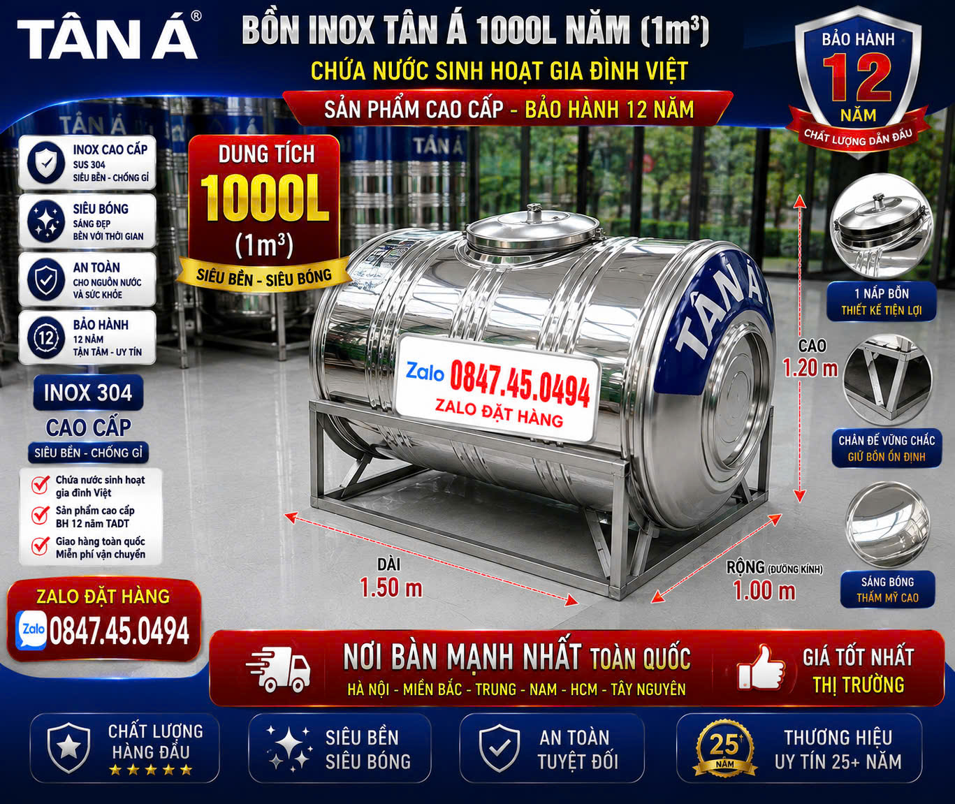 Tét inox tân á 1000 lít nằm-Téc inox 304 1000L nằm tân á đại thành chính hãng BH 12 năm