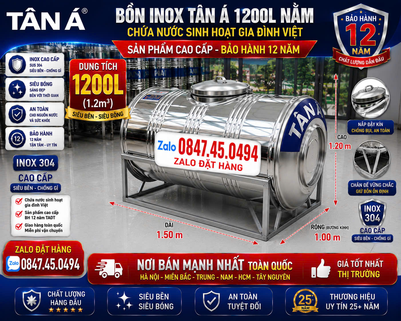 Téc inox Tân Á 1200 lít ngang – Téc inox 304 1200L ngang Tân Á Đại Thành chính hãng – Bảo hành 12 năm.