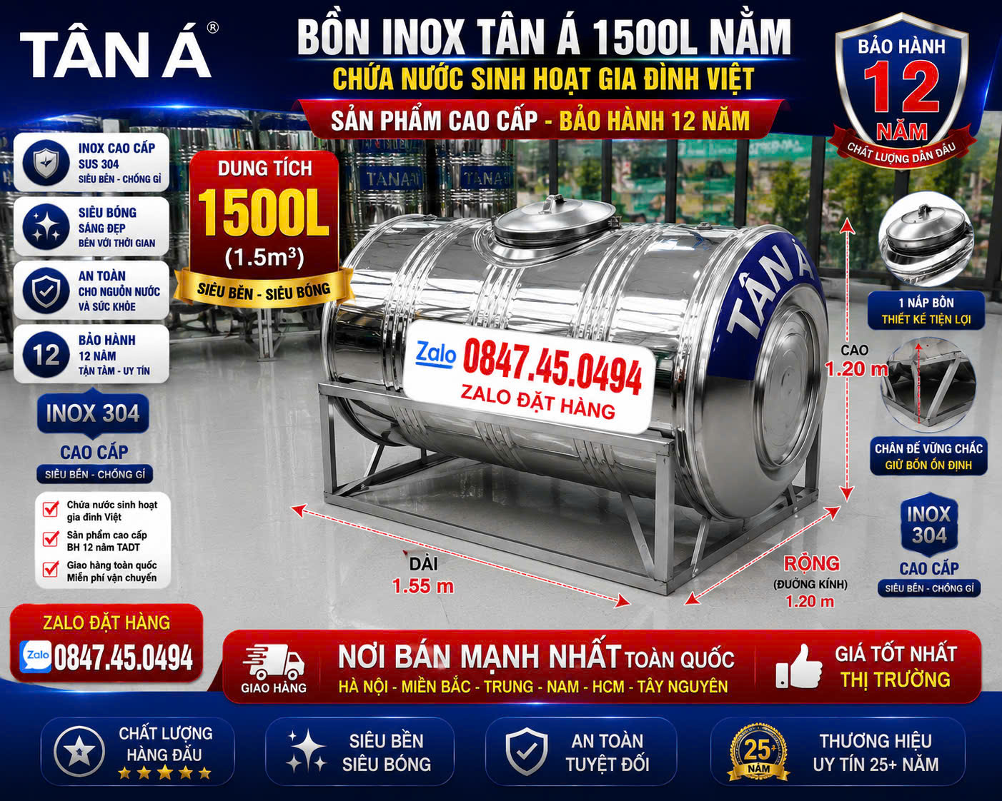 Téc inox Tân Á 1500 lít – Bồn inox 304 1500L Tân Á Đại Thành chính hãng – Bảo hành 12 năm.