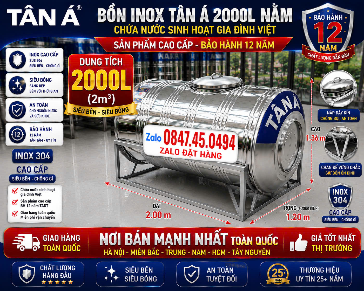 Téc inox Tân Á 2000 lít nằm – Téc inox 304 2000L nằm Tân Á Đại Thành chính hãng – Bảo hành 12 năm.