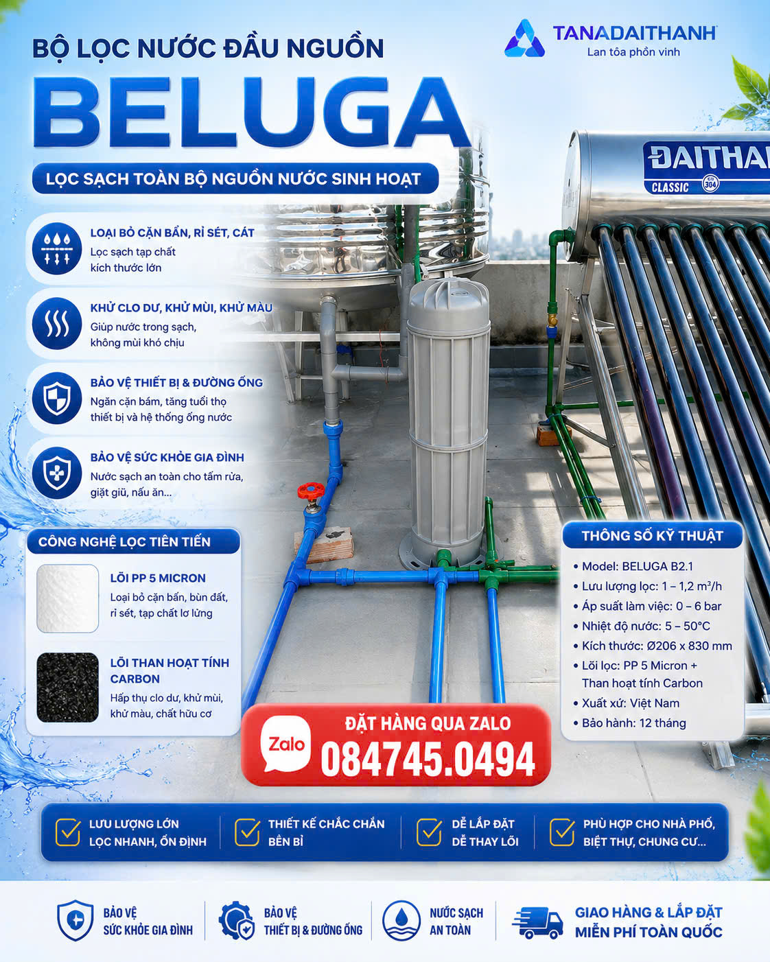 Bộ lọc đầu nguồn beluga 2.1 lọc nước sạch cho bồn nước sạch sẽ sinh hoạt, lọc phèn, đất, cát sạch tân á đại thành giao hàng miễn phí Toàn Quốc