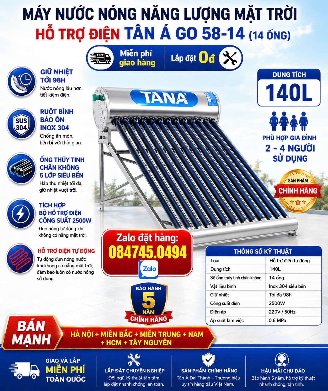 MÁY NƯỚC NÓNG NĂNG LƯỢNG MẶT TRỜI TÂN Á 140L cho Miền Bắc Miền Trung Bình nước nóng 140 lít Sài giá đình 2-4 người sử dụng anh 5 năm chính hãng giao và lắp miễn phí Toàn Quốc