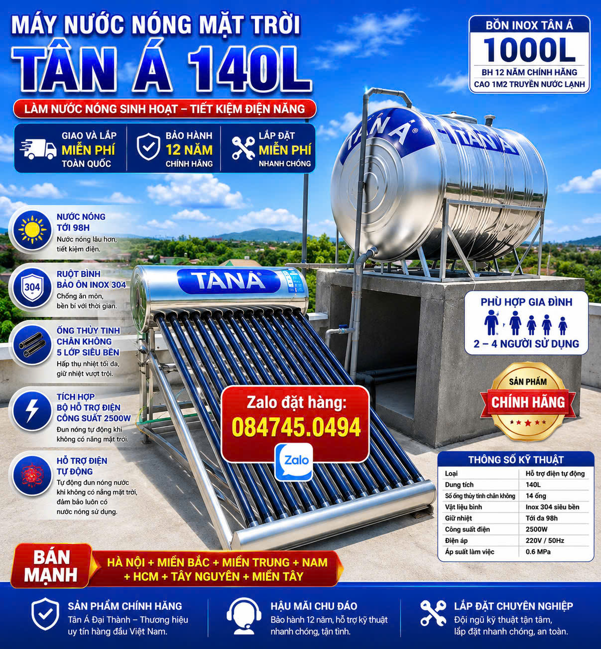 MÁY NƯỚC NÓNG NĂNG LƯỢNG MẶT TRỜI TÂN Á 140L 160L 180L 210L 240L 300L cho Miền Bắc Miền Trung Bình nước nóng 140 lít Sài giá đình 2-4 người sử dụng anh 5 năm chính hãng giao và lắp miễn phí Toàn Quốc