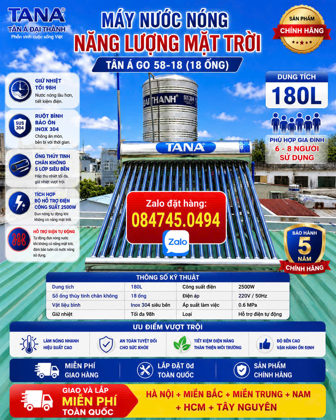 Bình NƯỚC NÓNG 180L cho Miền Bắc Miền Trung Bình nước nóng 180 lít Sài giá đình 6-8 người sử dụng anh 5 năm chính hãng giao và lắp miễn phí Toàn Quốc