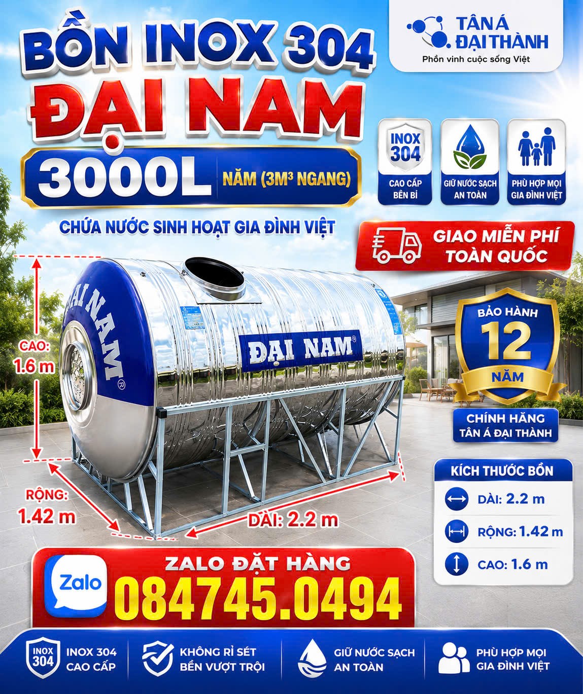 Bồn nước inox 3000 lít nằm inox 304 3 khối nằm Đại Nam Tân Á Đại Thành inox 304 giá rẻ tốt cho khách hàng (3m3 ngang) giao miễn phí Toàn Quốc