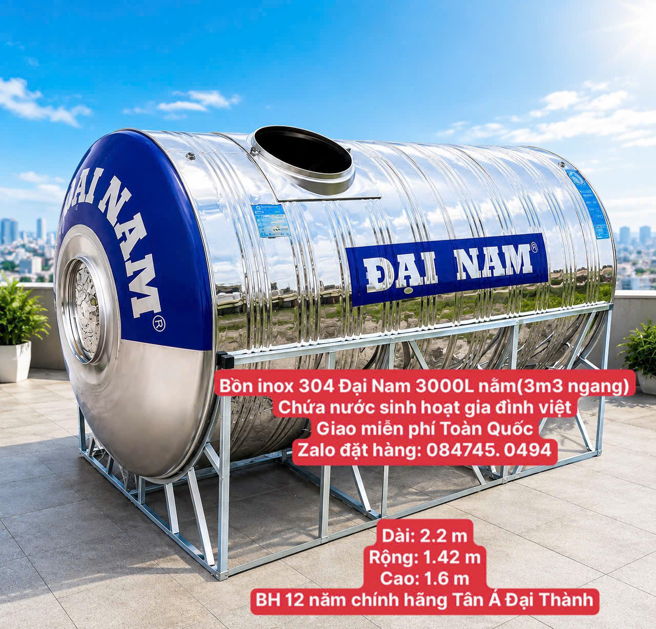 Tét inox 304 3 khối nằm Đại Nam Tân Á Đại Thành inox 304 3000 lít ngang giá rẻ tốt cho khách hàng (3m3 ngang) giao miễn phí Toàn Quốc