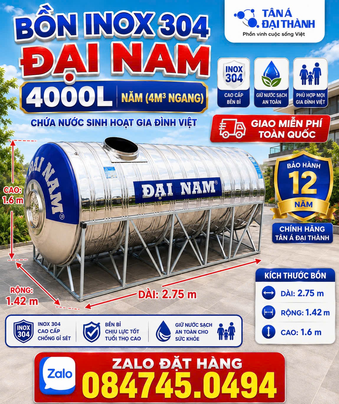 Bình inox 4 khối nằm Đại Nam Tân Á Đại Thành inox 304 giá rẻ 4000 lít nằm tốt cho khách hàng (4m3 ngang) giao miễn phí Toàn Quốc