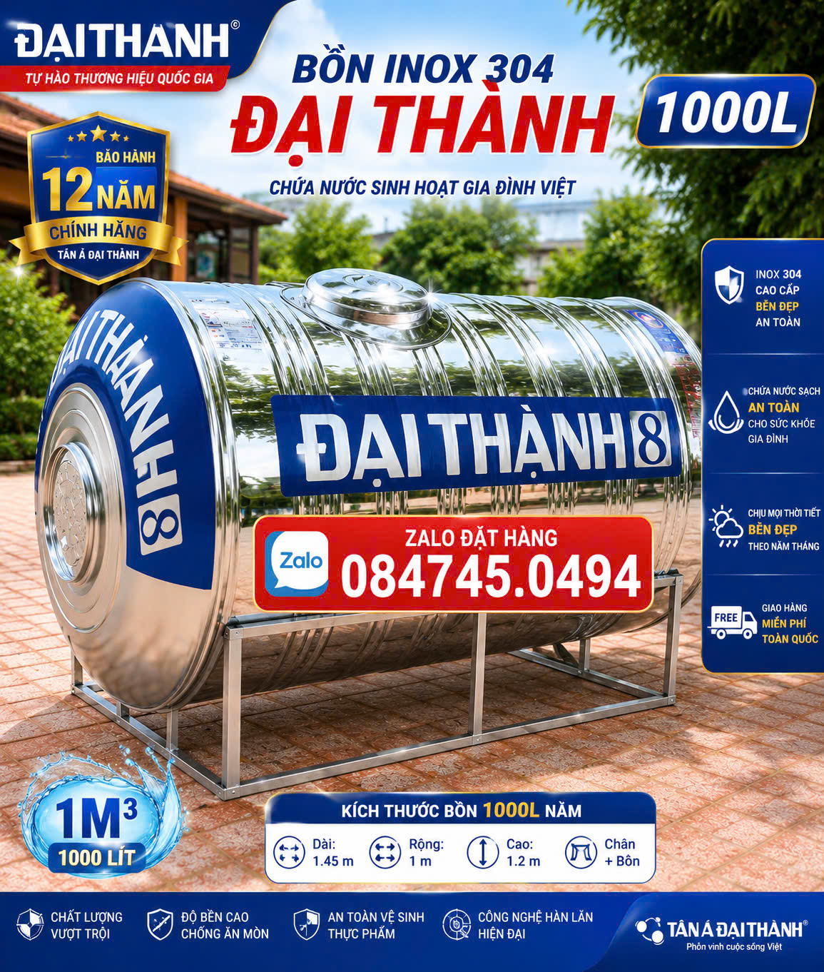 Téc inox 1 khối nằm(1 m3 nằm)-Thùng inox 304 đại thành 1000L nằm inox cao cấp chứa nước sinh hoạt- BH 12 năm chính hãng