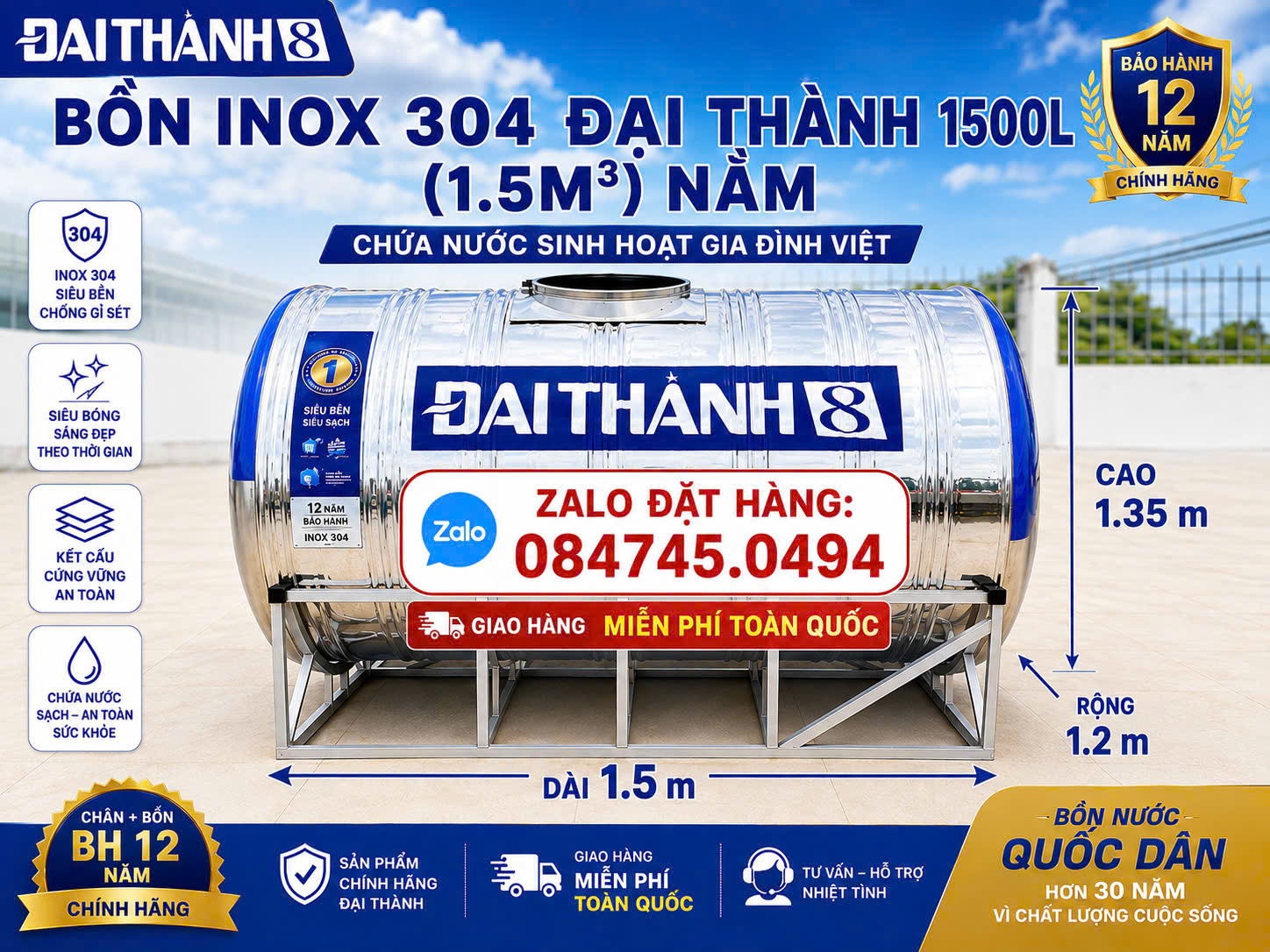 Bình inox 1,5 khối nằm(1.5m3 nằm)-Bồn inox 304 đại thành 1500L nằm inox cao cấp chứa nước sinh hoạt- BH 12 năm chính hãng