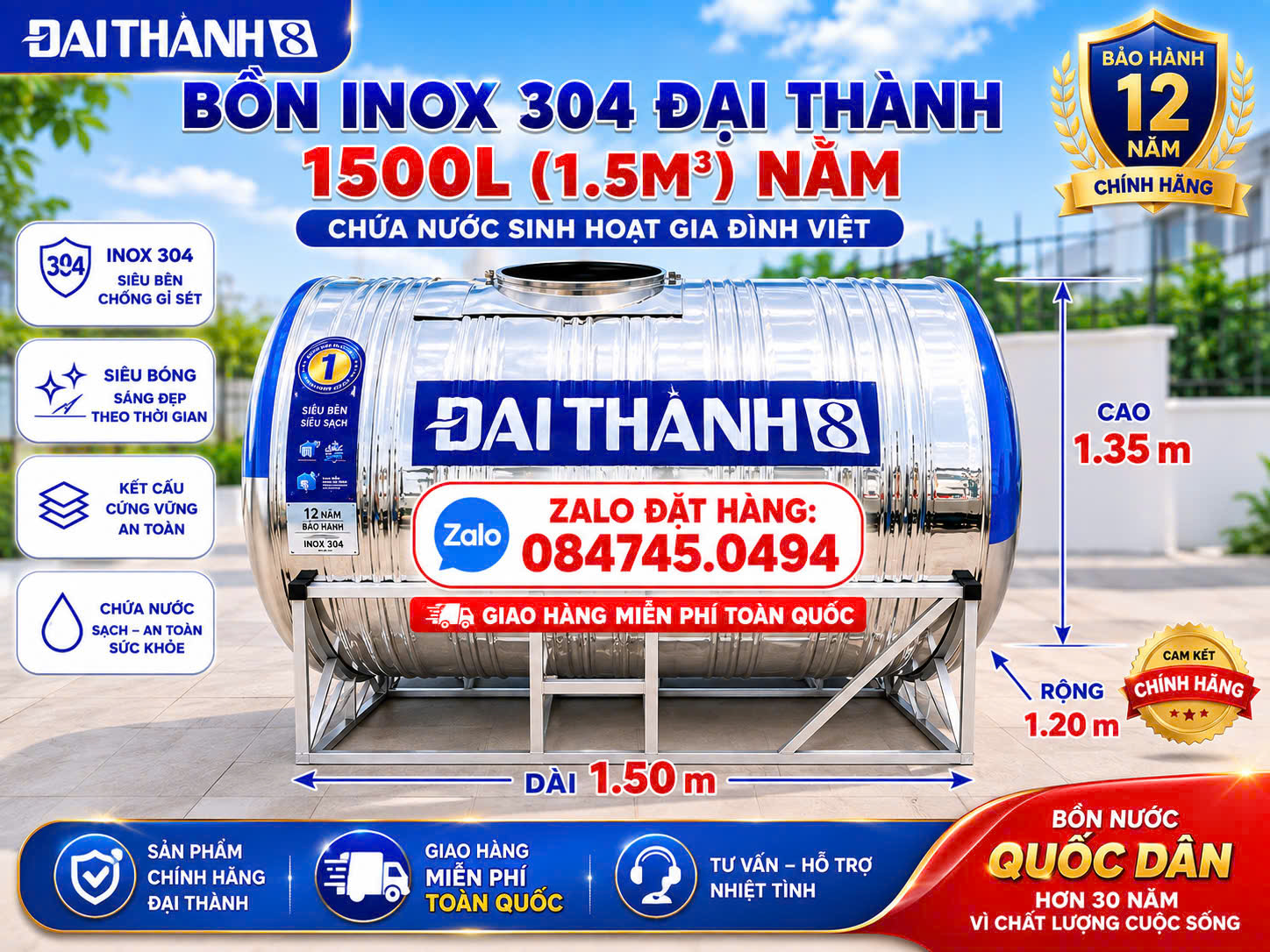 Bồn inox 304 đại thành 1500L nằm- Bình inox 1,5 khối nằm(1.5m3 nằm) inox cao cấp chứa nước sinh hoạt- BH 12 năm chính hãng