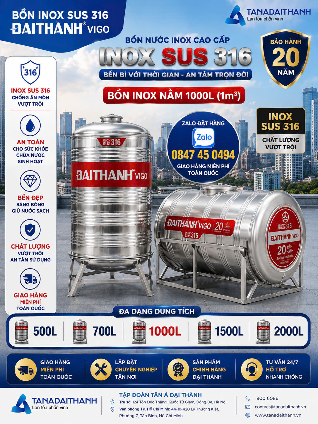 Bồn nước 316 Vigo Đại thành 1000 lít 1500 lít 2000 lít đứng và ngang Tét inox 316 Vigo Đại thành siêu cao cấp giao miễn phí Toàn Quốc