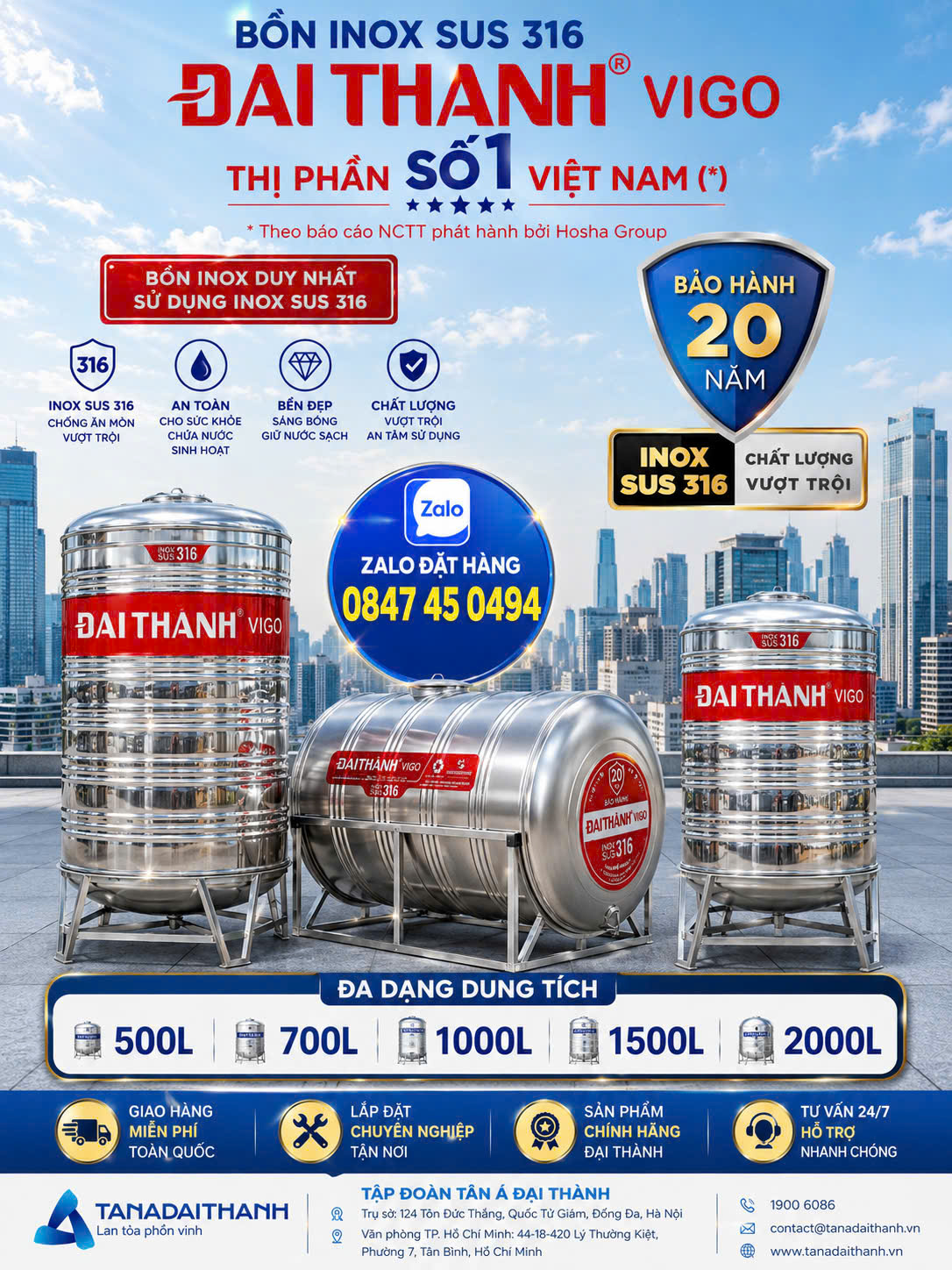 Bình inox 316 vigo 2 khối nằm ngang đại thành vigo giao miễn phí