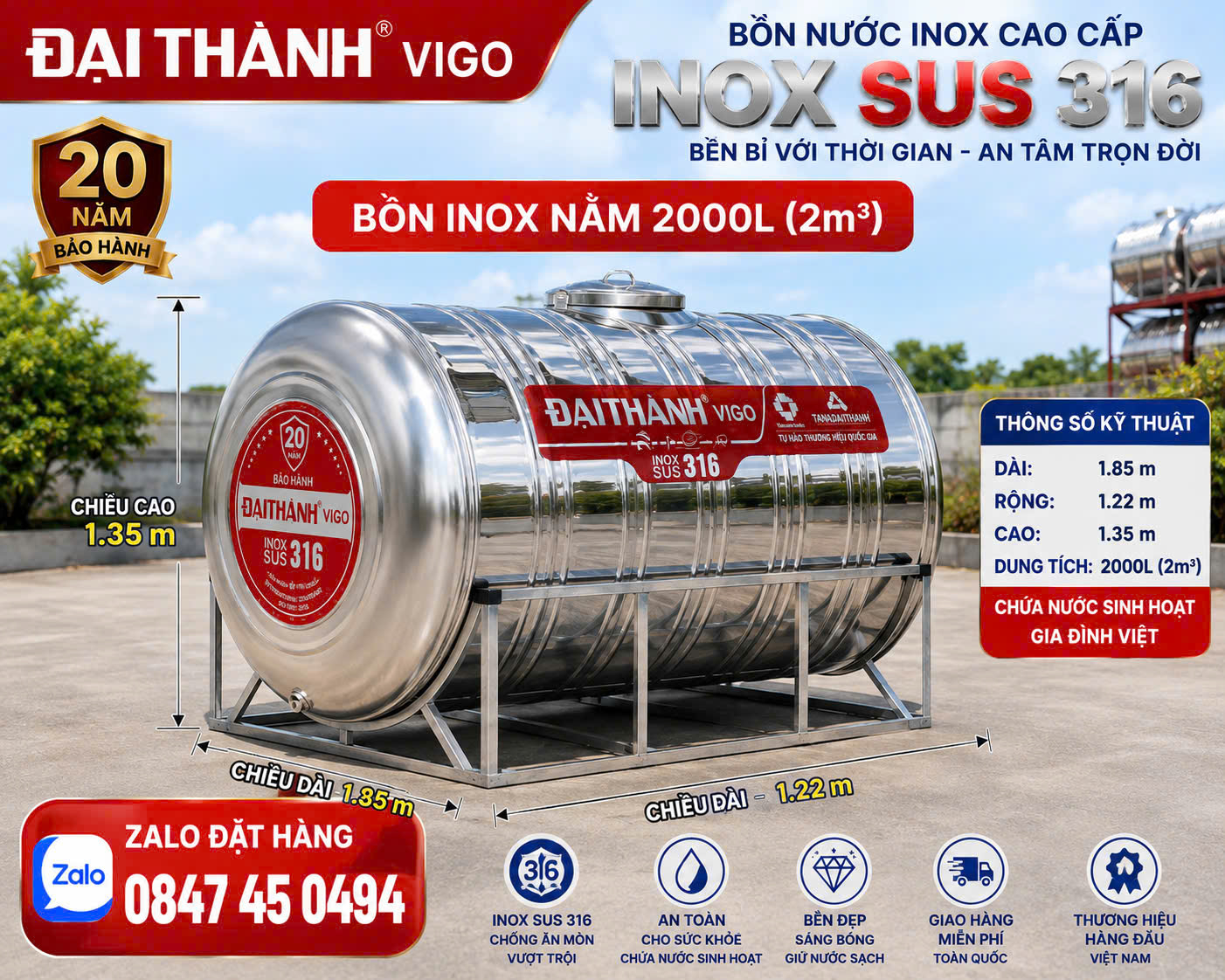 Téc nước inox 316 Vigo Đại thành 1000 lít 1500 lít 2000 lít đứng và ngang Tét inox 316 Vigo Đại thành siêu cao cấp giao miễn phí Toàn Quốc