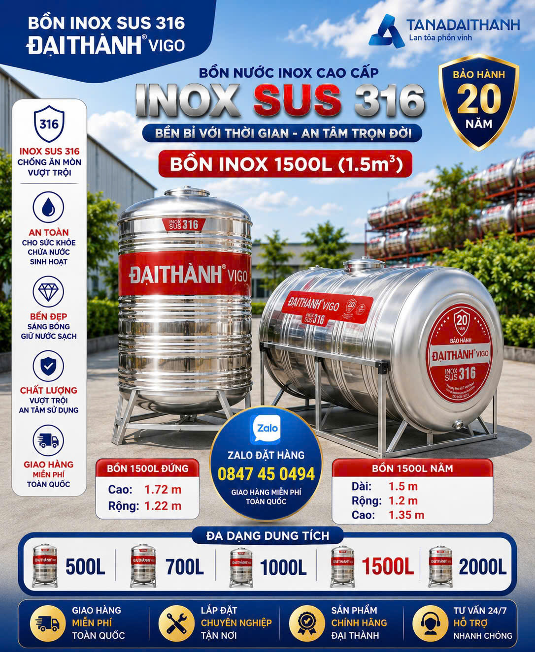 Bình inox 316 Vigo Đại thành Vigo 316 1500l 1500 lít 1.5 khối 1.5m3 nằm ngang cao cấp Bồn nước 316 Vigo Đại thành 1000 lít 1500 lít 2000 lít đứng và ngang Tét inox 316 Vigo Đại thành siêu cao cấp giao miễn phí Toàn Quốc