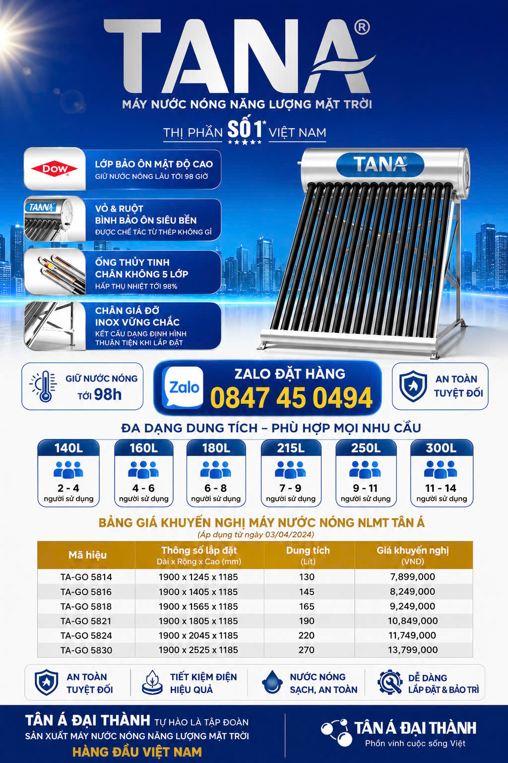 Máy nước nóng mặt trời Tân Á 140l 160L 180L bán mạnh miền trung miền bắc Nlmt miền bắc nlmt miền trung giao lắp miễn phí